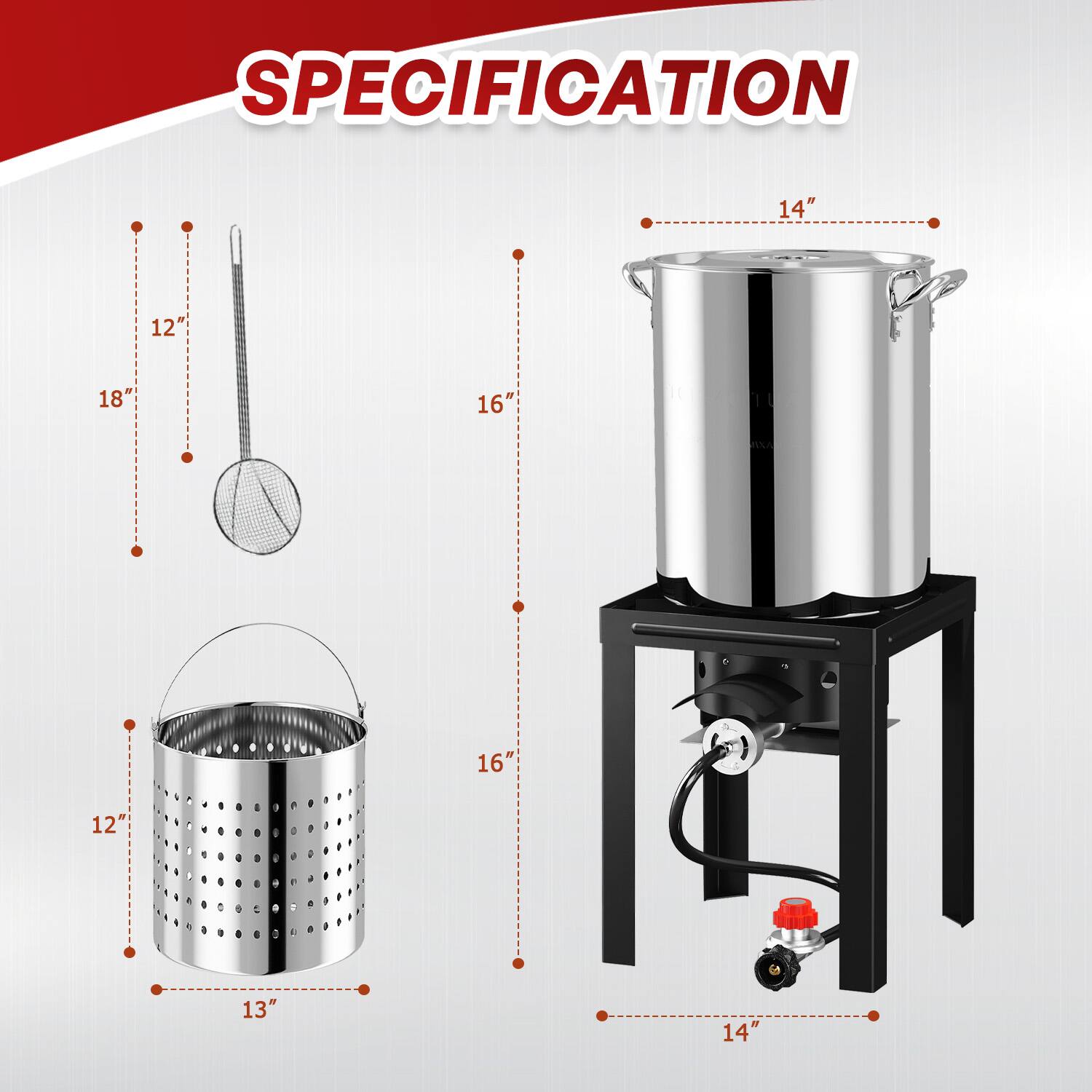 SPECIFICATION

- 18" (length of the whisk)
- 12" (height of the whisk)
- 16" (height of the pot)
- 14" (width of the pot)
- 12" (height of the colander)
- 13" (height of the colander)
- 16" (width of the colander)
- 14" (width of the stand)