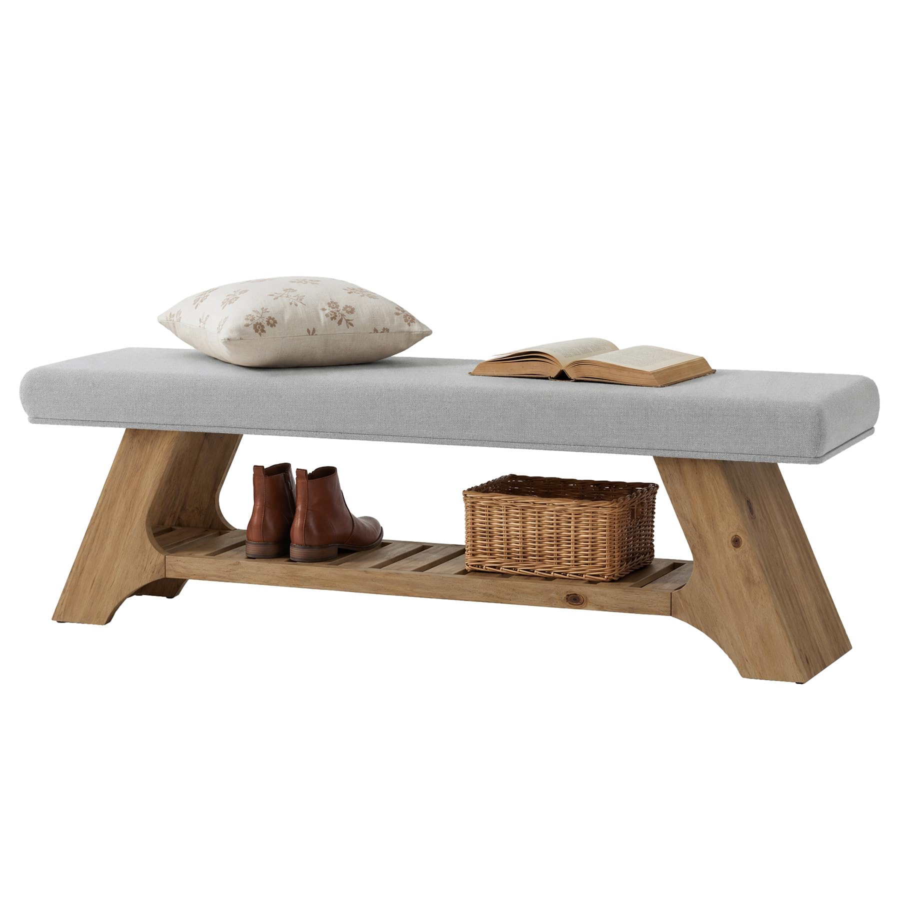 Alt View 5. Tribesigns - 55" Solid Wood Bench with Cushion, Upholstered Entryway Bench - Wood and Gray.