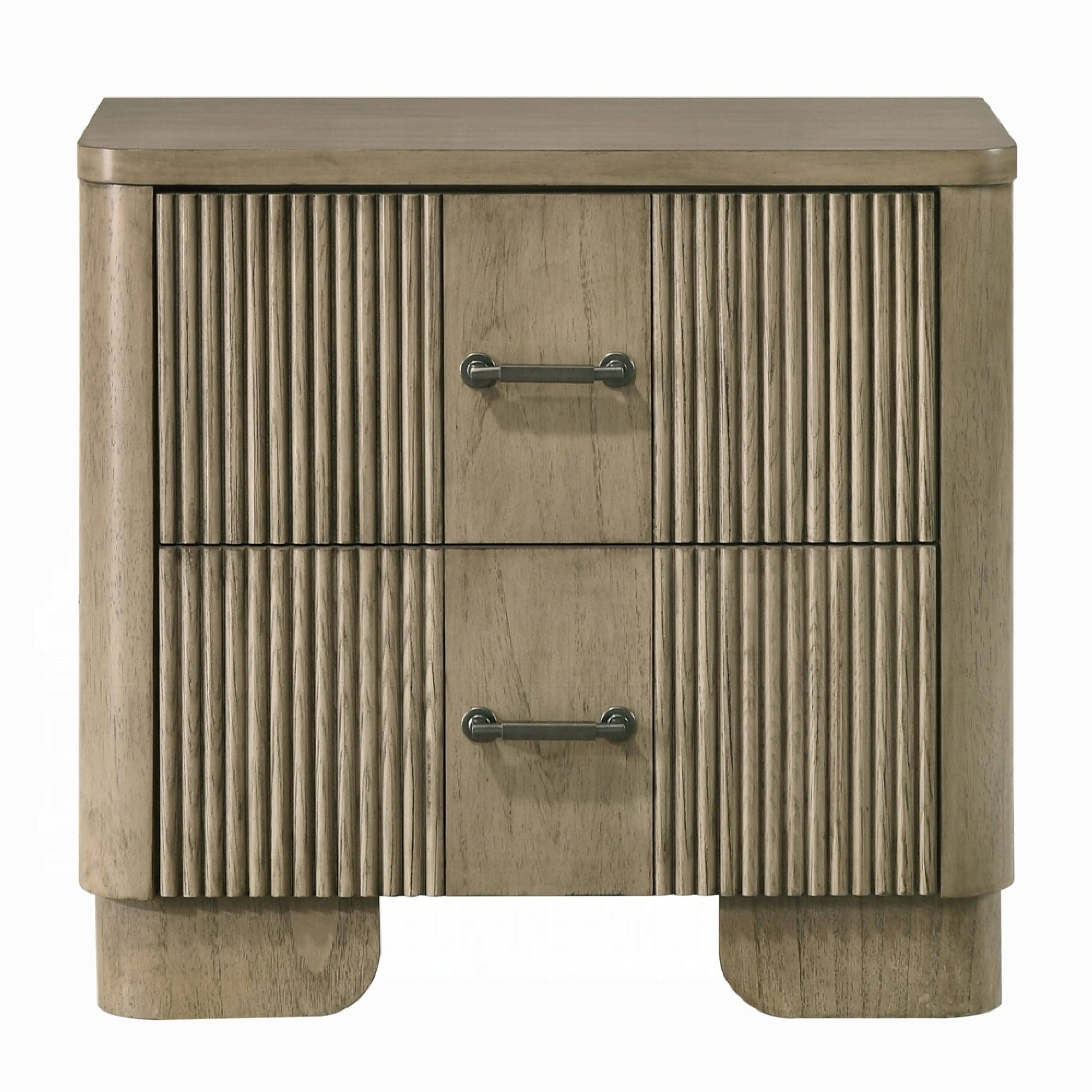 Angle. Manhattan Lane - Leky Nightstand, 2 Reeded Drawers, Rounded Corners - Antique Oak Brown.