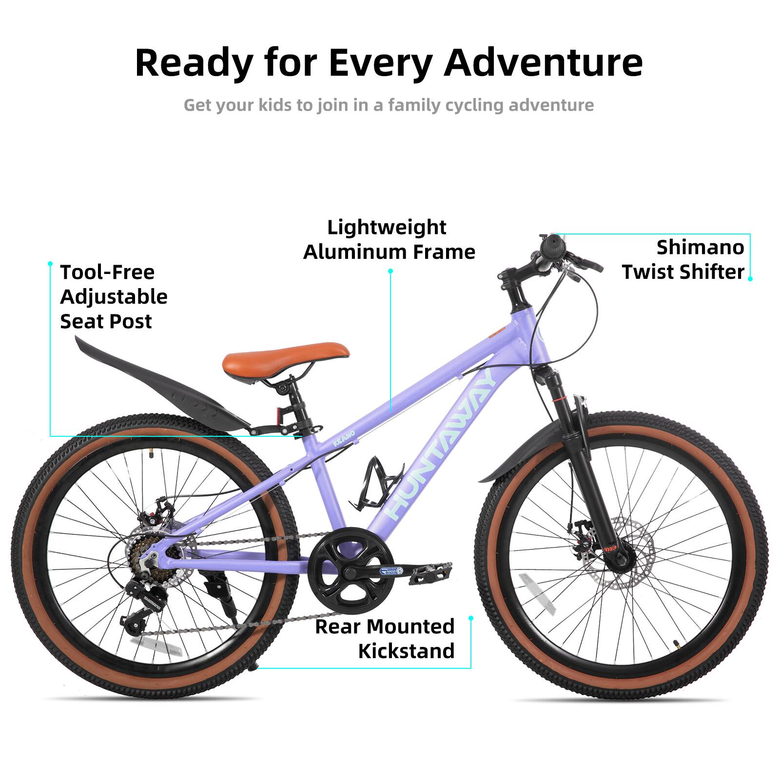 Ready for Every Adventure  
Get your kids to join in a family cycling adventure  

- Tool-Free Adjustable Seat Post  
- Lightweight Aluminum Frame  
- Shimano Twist Shifter  
- Rear Mounted Kickstand