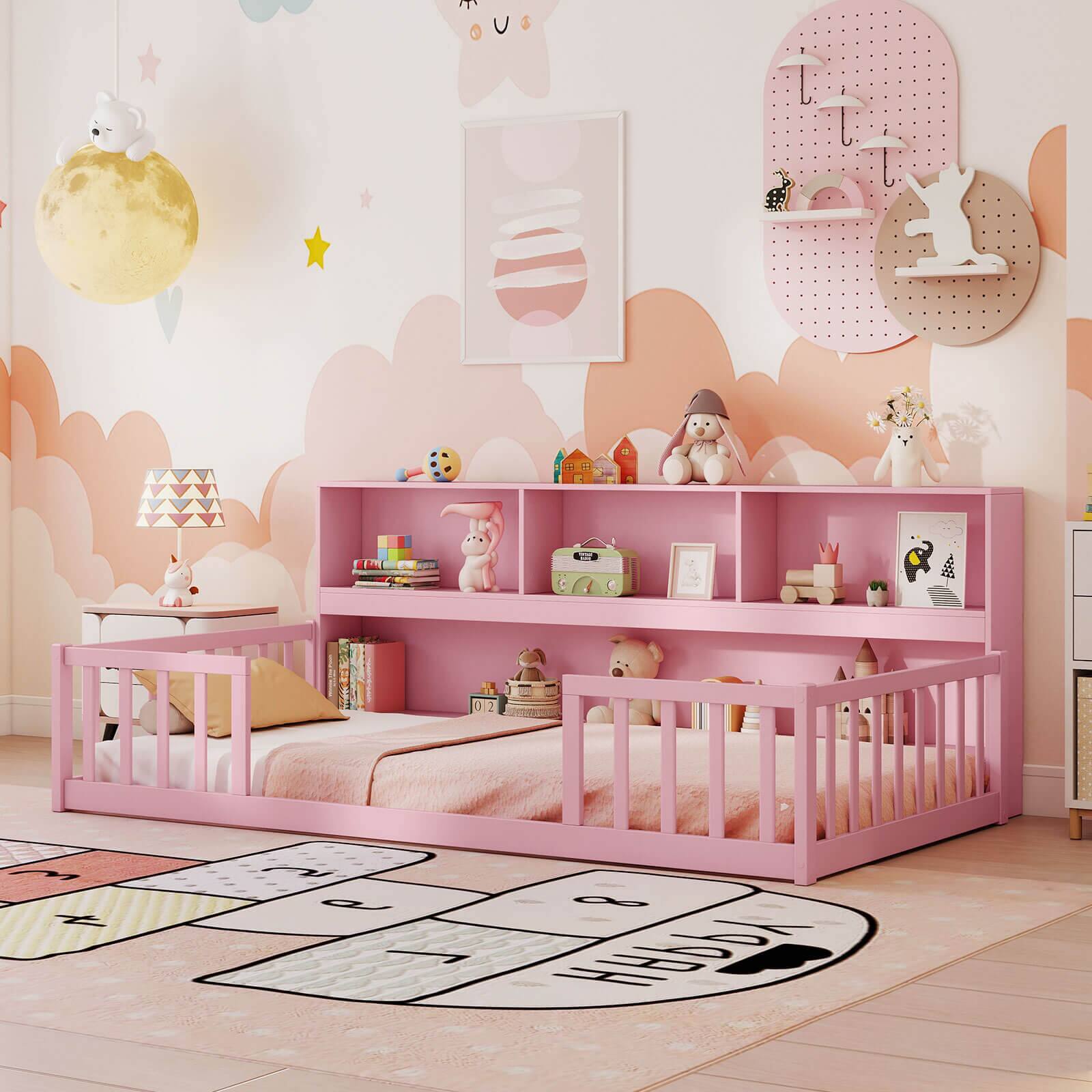 Alt View 4. Costway - Costway Twin Size Montessori Floor Bed with Bookcase Storage Shelves & Safety Fence Rails - Pink.