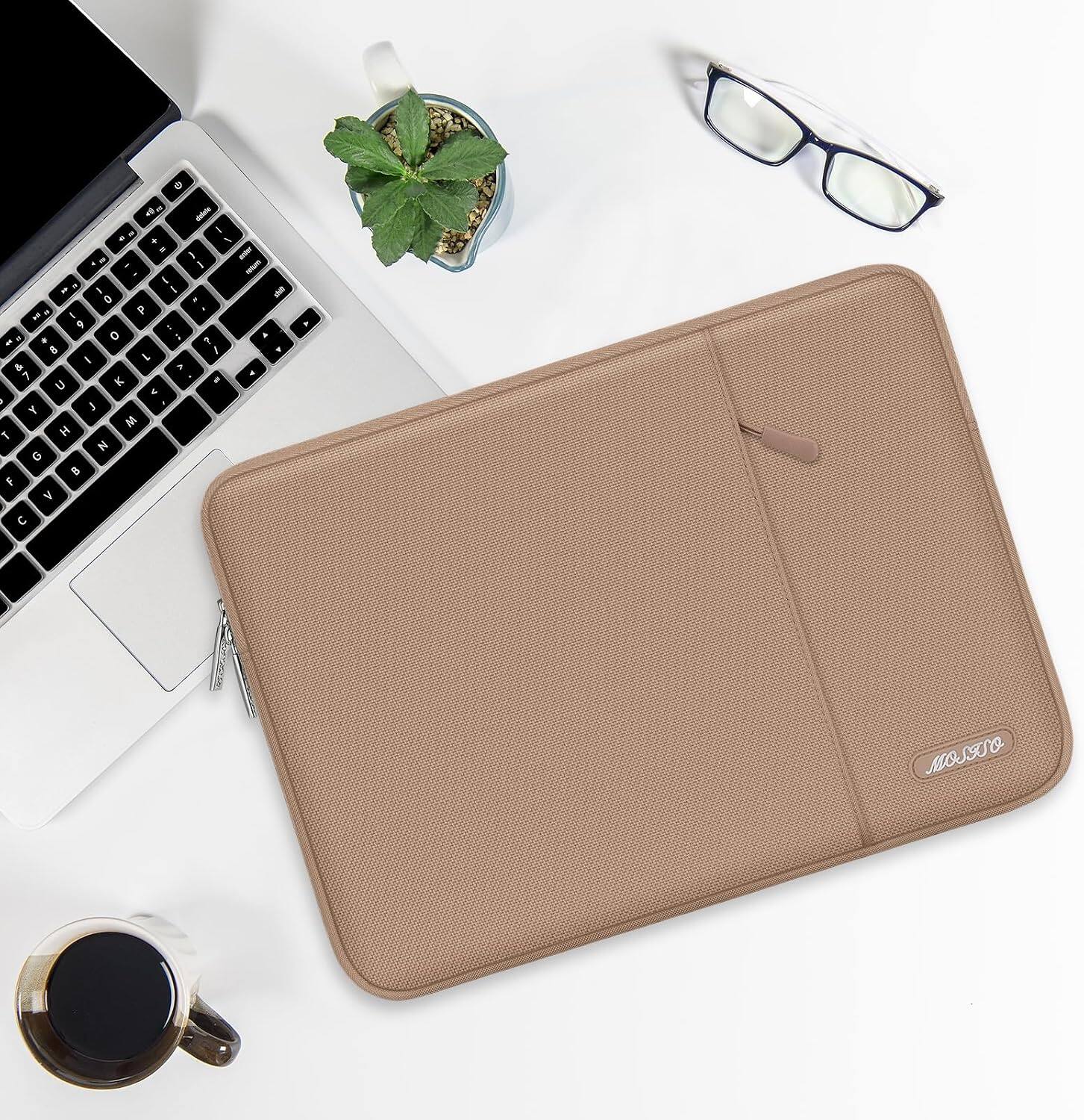 Alt View 1. mosiso - 15 inch Laptop Sleeve with Pocket, Polyester Vertical Case for MacBook Air 15 inch M5 M4 M3 M2, Acer Dell XPS Lenovo - Bronze Brown.