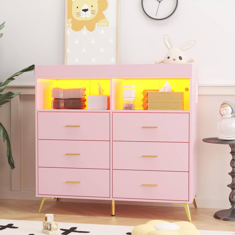 Left. GARVEE - Dresser for Bedroom with Charging Station, 6 Drawers, 2 Shelves, Wide Storage Cabinet with LED Lights, Pink - Pink.