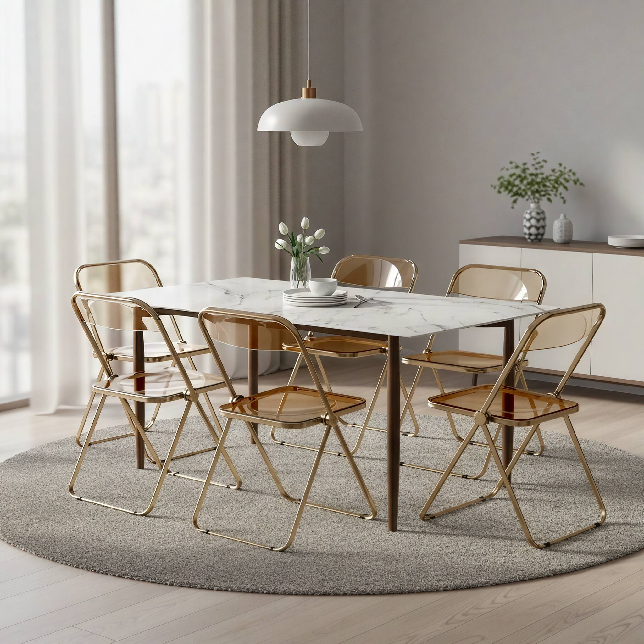 Angle. LeisureMod - Lawrence Clear Acrylic Folding Chair, Modern Gold Chrome Frame, Fully Assembled Portable Dining Seat - Amber.