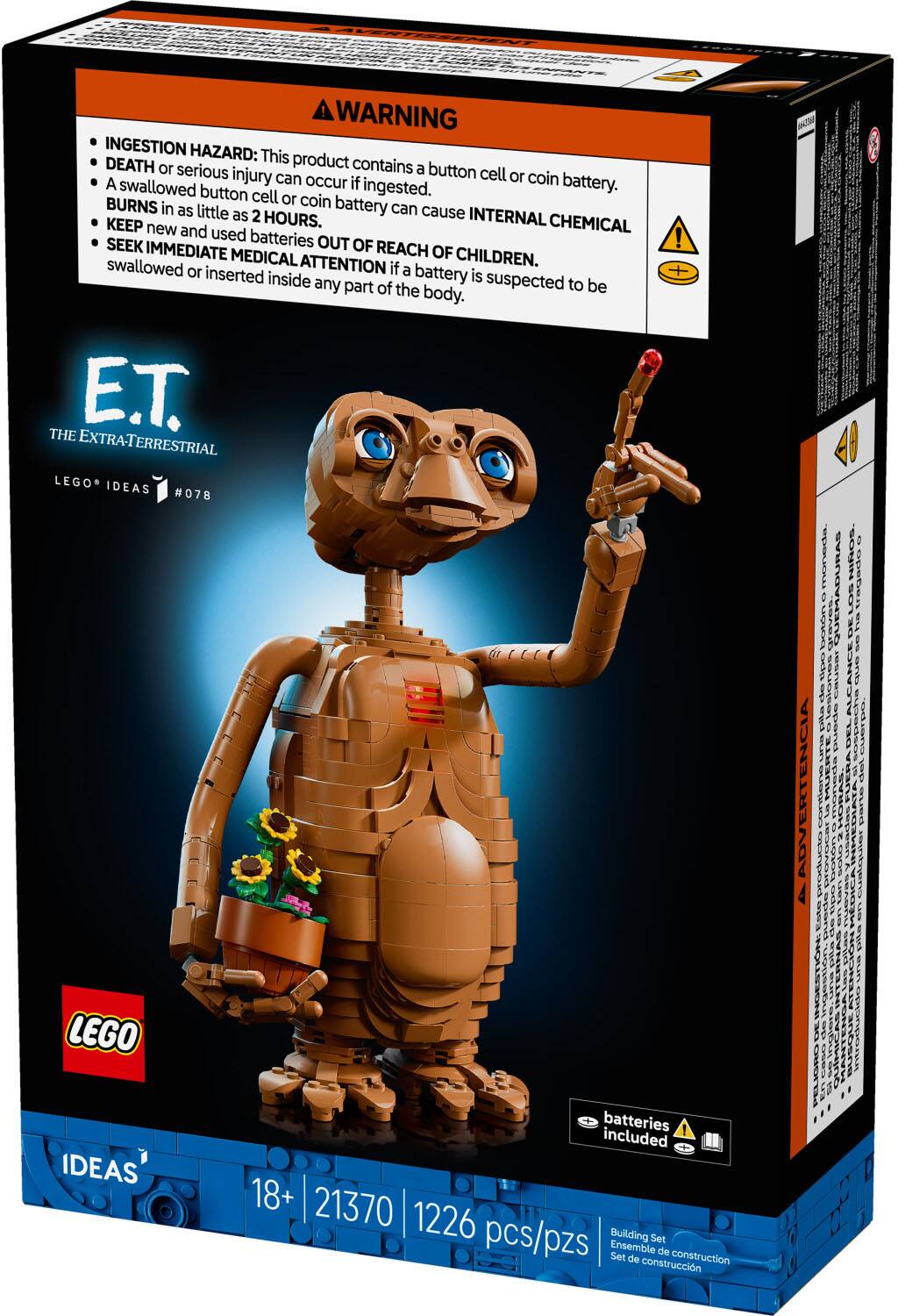 WARNING INGESTION HAZARD: This product contains a button cell or coin battery. A swallowed button cell or coin battery can cause INTERNAL CHEMICAL BURNS in as little as 2 HOURS. KEEP new and used batteries OUT OF REACH OF CHILDREN. SEEK IMMEDIATE MEDICAL ATTENTION if a battery is suspected to be swallowed or inserted inside any part of the body. THE EXTRA-TERRESTRIAL LEGO IDEAS #078 LEGO 18+ 21370 1226 pcs/pzs Building Set Ensemble de construction construccion