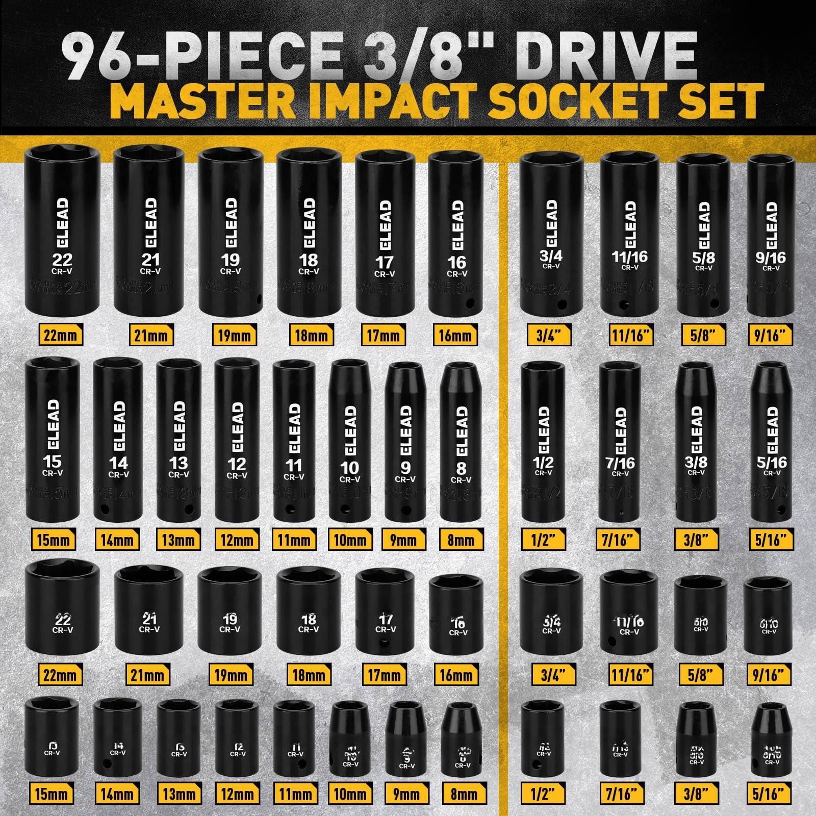 96-PIECE 3/8" DRIVE MASTER IMPACT SOCKET SET

ELEAD 22 CR-V 22mm  
ELEAD 21 CR-V 21mm  
ELEAD 19 CR-V 19mm  
ELEAD 18 CR-V 18mm  
ELEAD 17 CR-V 17mm  
ELEAD 16 CR-V 16mm  
ELEAD 3/4" 3/4"  
ELEAD 11/16" 11/16"  
ELEAD 5/8" 5/8"  
ELEAD 9/16" 9/16"  
ELEAD 15 CR-V 15mm  
ELEAD 14 CR-V 14mm  
ELEAD 13 CR-V 13mm  
ELEAD 12 CR-V 12mm  
ELEAD 11 CR-V 11mm  
ELEAD 10 CR-V 10mm  
ELEAD 9 CR-V 9mm  
ELEAD 8 CR-V 8