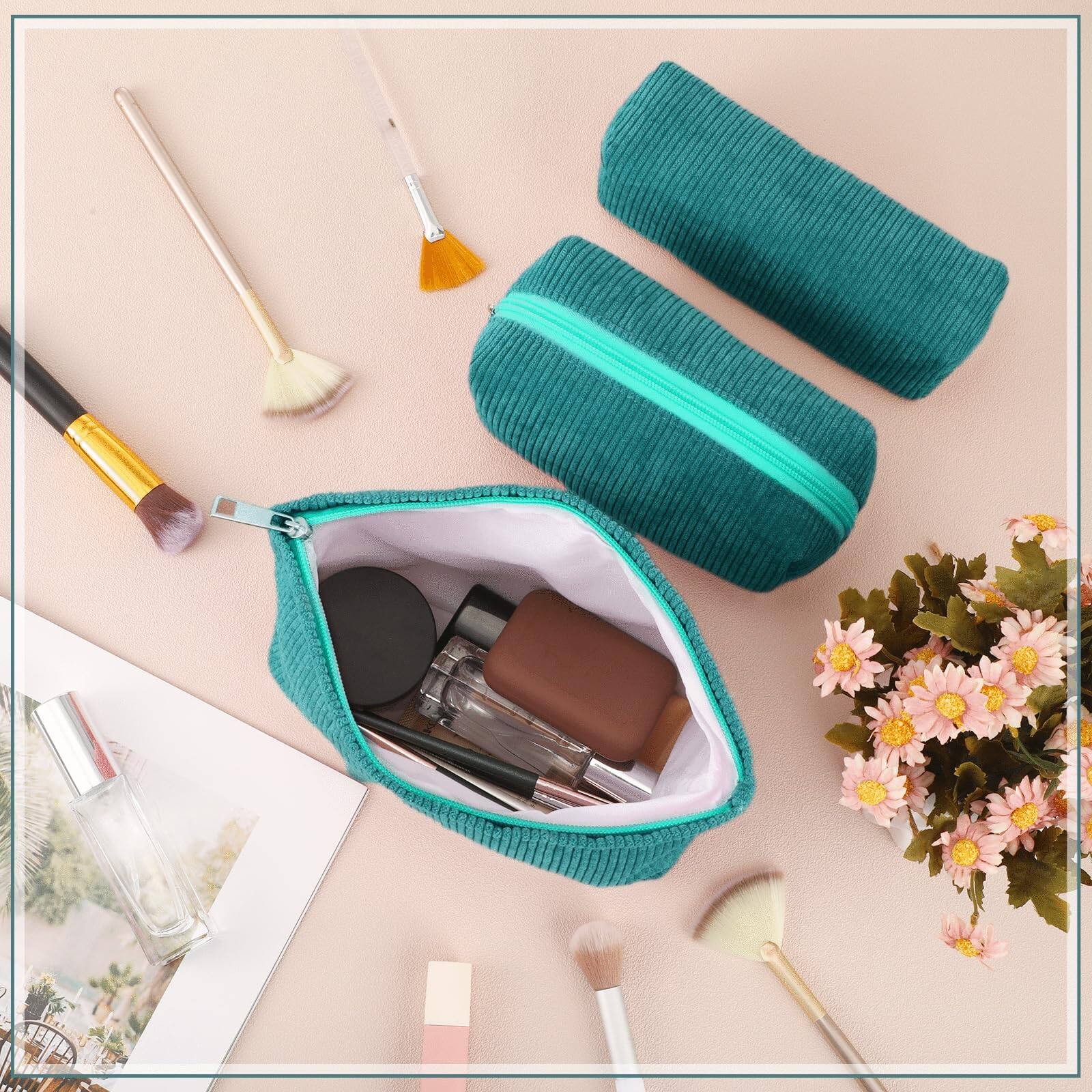 Alt View 2. Fabibe - 3 Makeup Bag Set For Women Corduroy Pouch Aesthetic Smile Travel Toiletry Cute Purse Pencil Case Brushes Storage Organiz - Black-Solid Style.