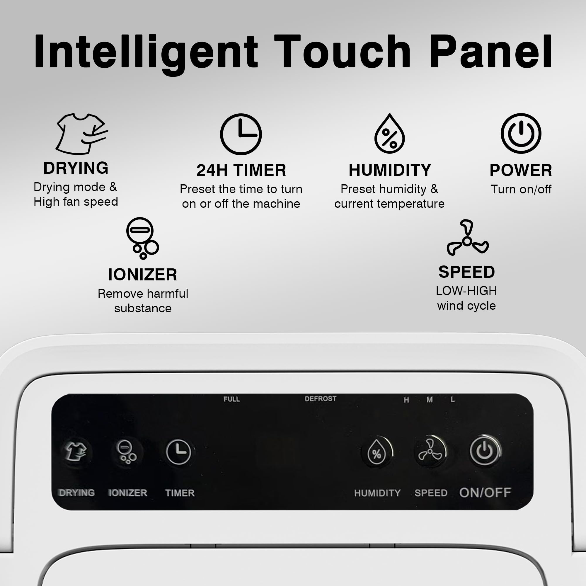 Intelligent Touch Panel

- DRYING: Drying mode & High fan speed
- 24H TIMER: Preset the time to turn on or off the machine
- HUMIDITY: Preset humidity & current temperature
- POWER: Turn on/off
- IONIZER: Remove harmful substance
- SPEED: LOW-HIGH wind cycle
- FULL DEFROST: H M L - %
- DRYING IONIZER TIMER HUMIDITY SPEED ON/OFF