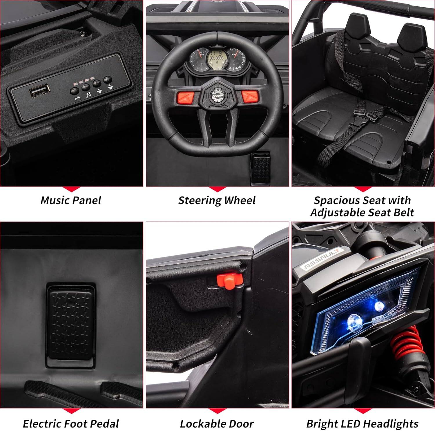 1. Music Panel
2. Steering Wheel
3. Spacious Seat with Adjustable Seat Belt
4. Electric Foot Pedal
5. Lockable Door
6. Bright LED Headlights