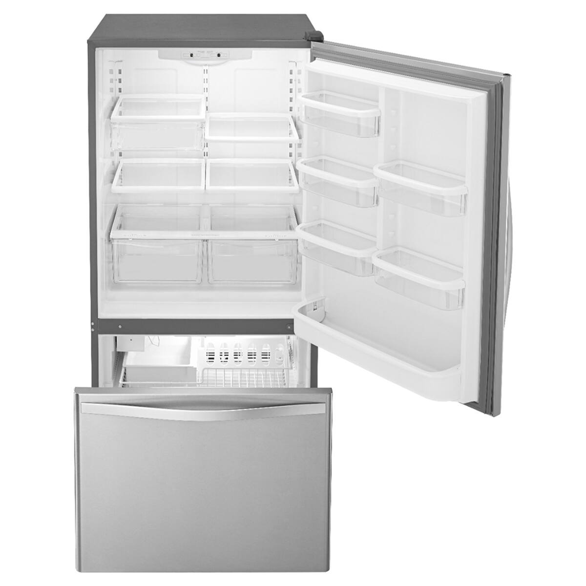 Angle. Whirlpool - 22 Cu. Ft. Bottom-Freezer Refrigerator with SpillGuard Glass Shelves - Stainless Steel.
