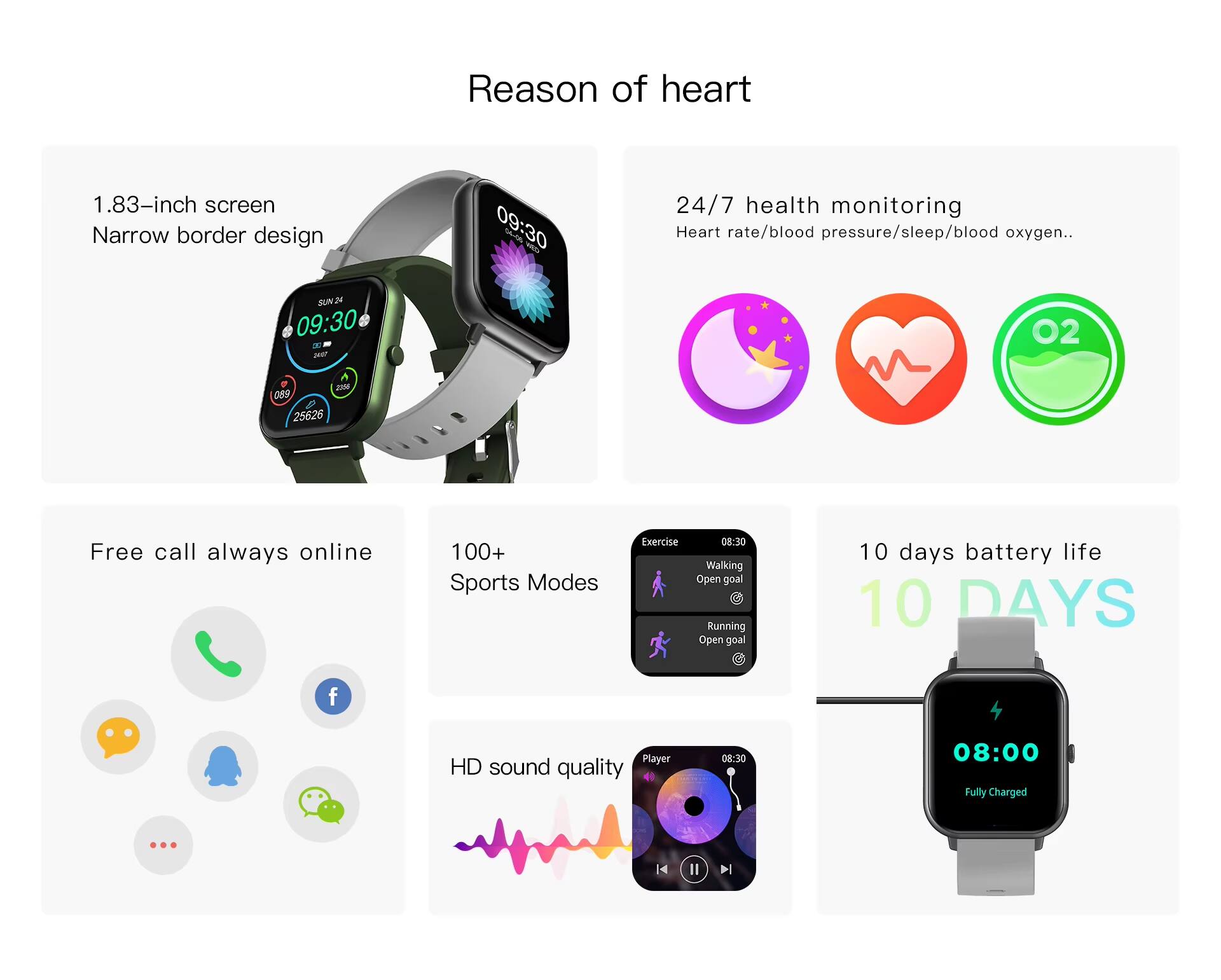 Reason of heart

1.83-inch screen
Narrow border design

24/7 health monitoring
Heart rate/blood pressure/sleep/blood oxygen..

Free call always online

100+ Sports Modes
Exercise
08:30 Walking Open goal
Running Open goal

10 days battery life

HD sound quality

Player
08:30
Fully Charged