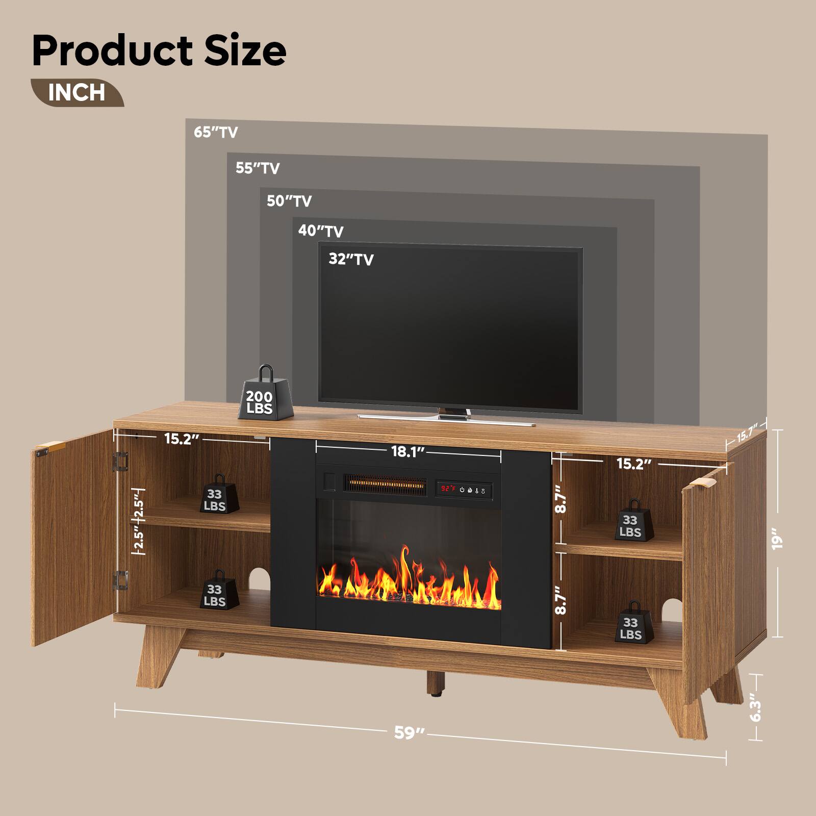 Product Size INCH

65" TV
55" TV
50" TV
40" TV
32" TV

200 LBS

15.2" 33 LBS
18.1" 92°F
15.2" 33 LBS

59"

15.7" 19" 6.3"