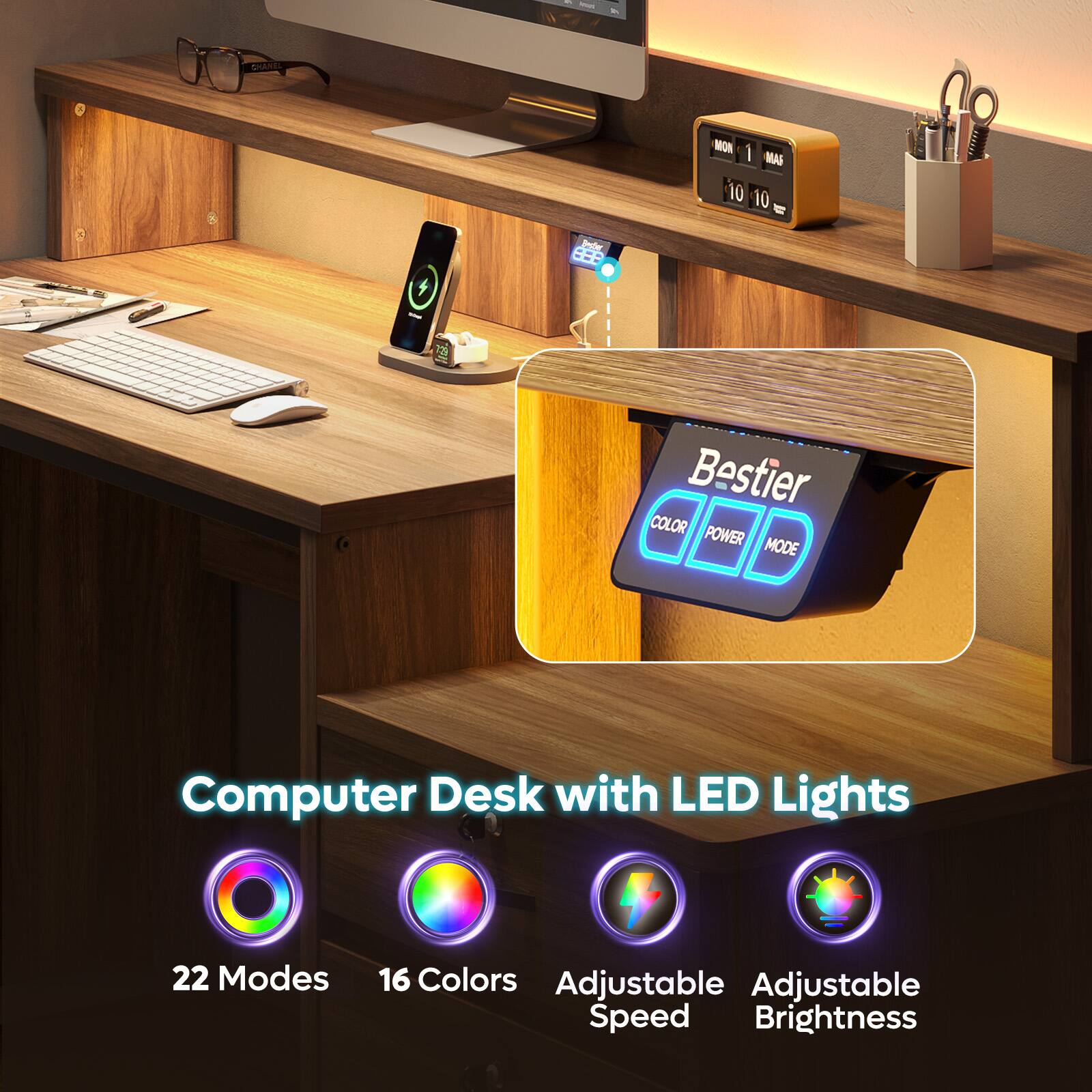 Bestier Computer Office Desk with Monitor Stand LED Lights Built in ...