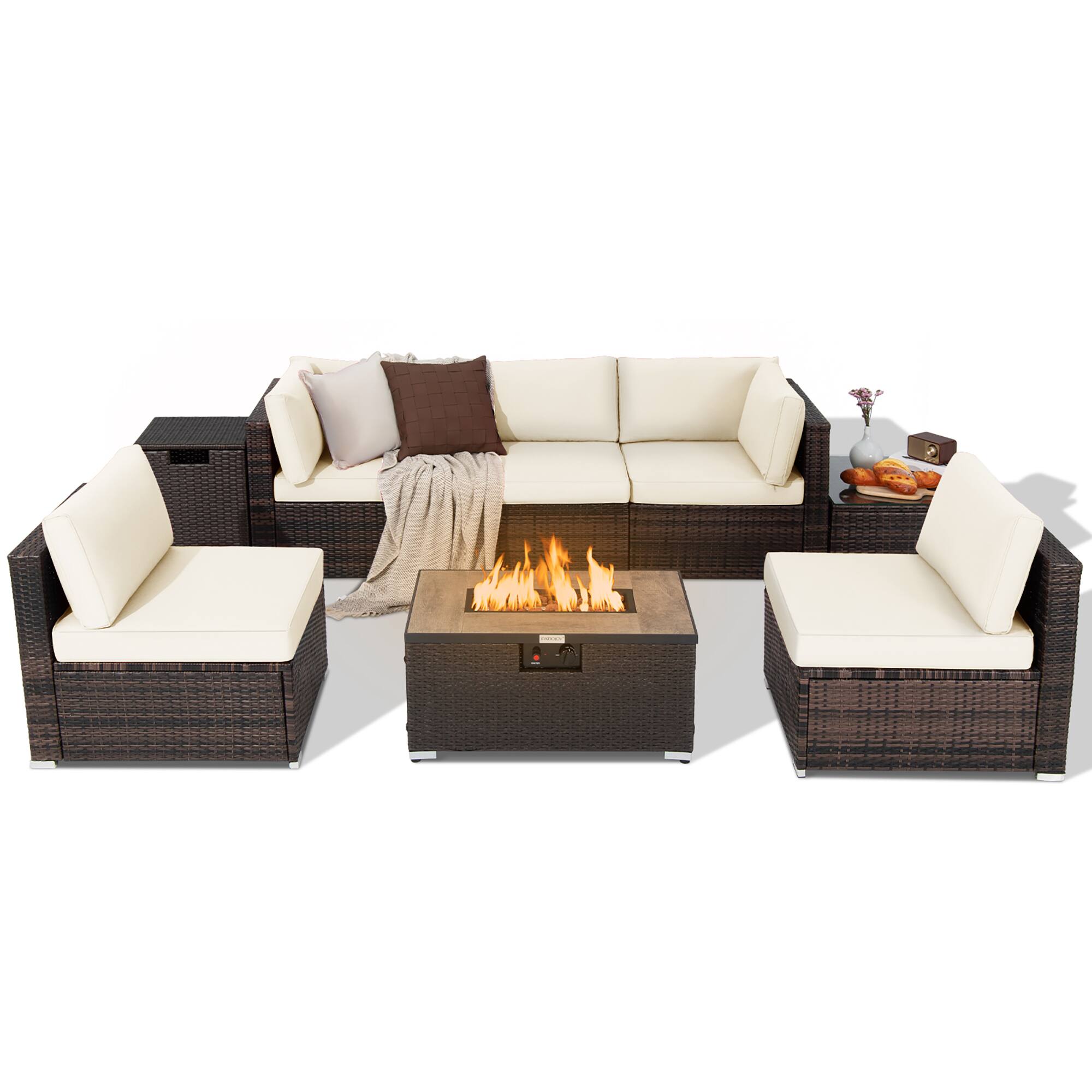 Costway - 8PCS Patio Rattan Furniture Set Fire Pit Table Tank Holder Cover Deck - Mix Brown,Off White price history on PriceWatchPro