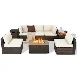 Costway - 8PCS Patio Rattan Furniture Set Fire Pit Table Tank Holder Cover Deck - Mix Brown,Off White