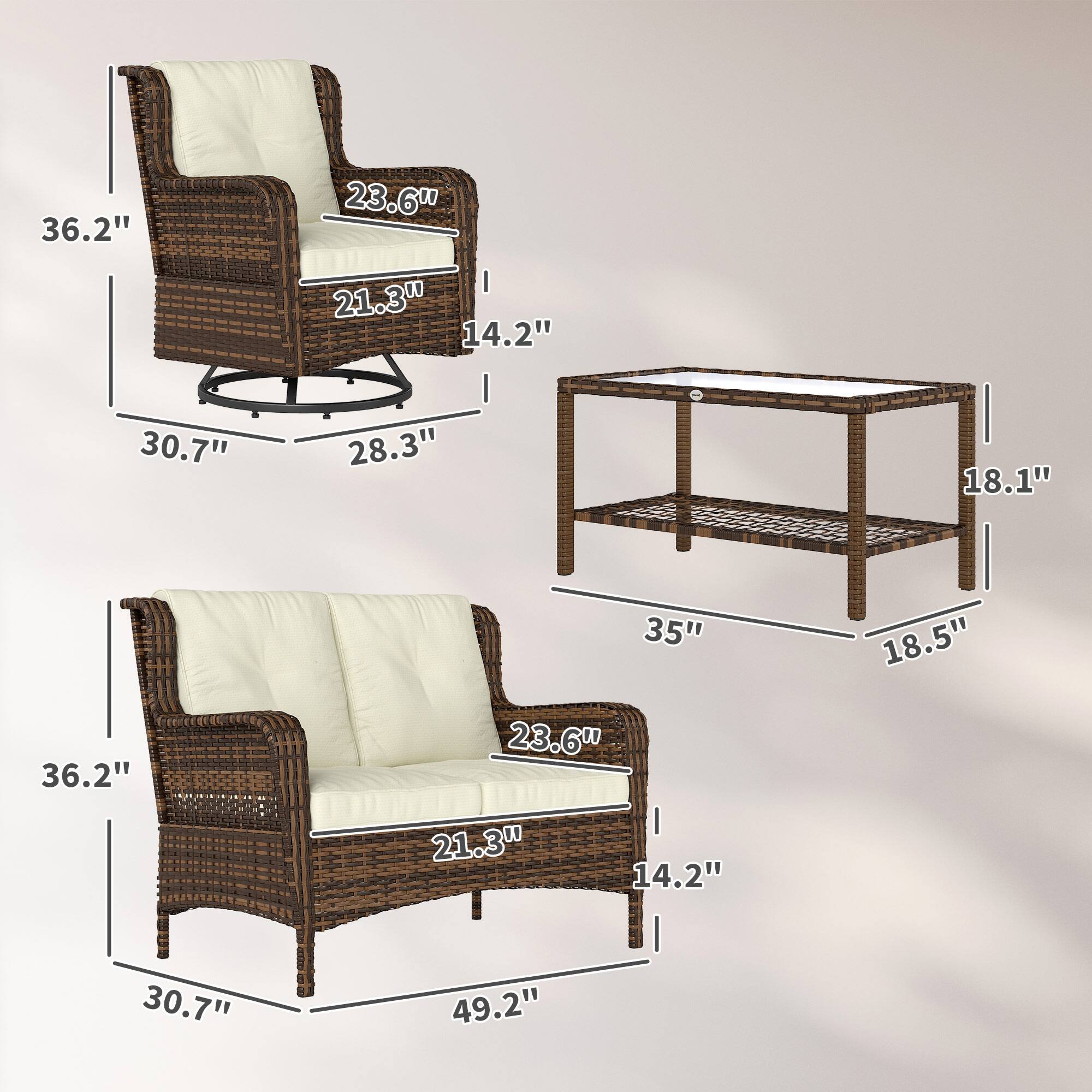 - Armchair:
  - Height: 36.2"
  - Width: 23.6"
  - Depth: 28.3"
  - Seat Height: 14.2"
  - Seat Depth: 21.3"
  - Back Height: 30.7"

- Coffee Table:
  - Height: 18.1"
  - Width: 35"
  - Depth: 18.5"

- Sofa:
  - Height: 36.2"
  - Width: 49.2"
  - Depth: 30.7"
  - Seat Height: 14.2"
  - Seat Depth: 21.3"
  - Back Height: 23.6"