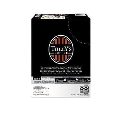 TULLY'S COFFEE

A meticulously roasted coffee forged in the heart of Tully's Coffee. Like distinctive flavors, free of additives and low in calories, the taste of true craftsmanship.

KEURIG

Recyclable packaging. Please recycle.

For more information, visit www.tullys.com

The Tully's Coffee Company
10000 SW Tully's Way
Beaverton, OR 97008

Product of Mexico

Please recycle.