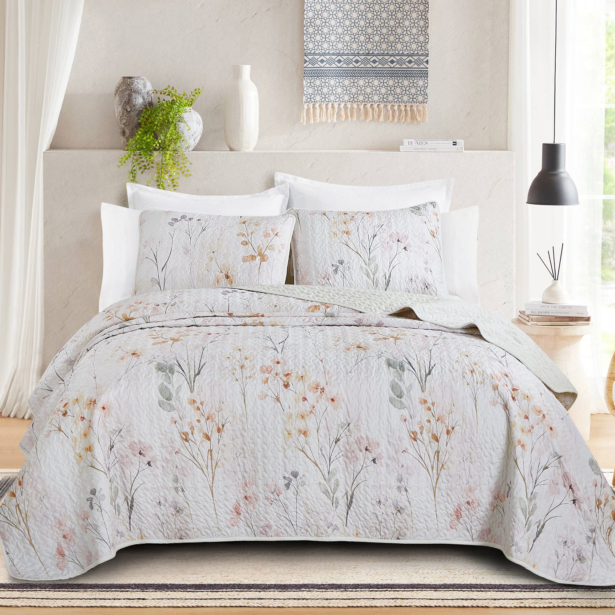 MarCielo - 3 Piece Lightweight Quilt Bedspread Set Reversible Floral Botanical - Watercolor Grass price history on PriceWatchPro