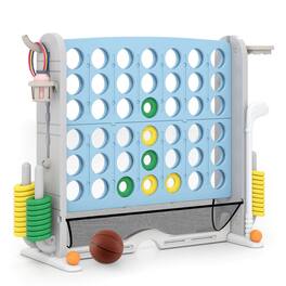 Costway - Giant 4-in-a-Row Game Set with Ring-toss, Basketball Hoop, Golf Club & Cup Holders - Light Blue,Gray