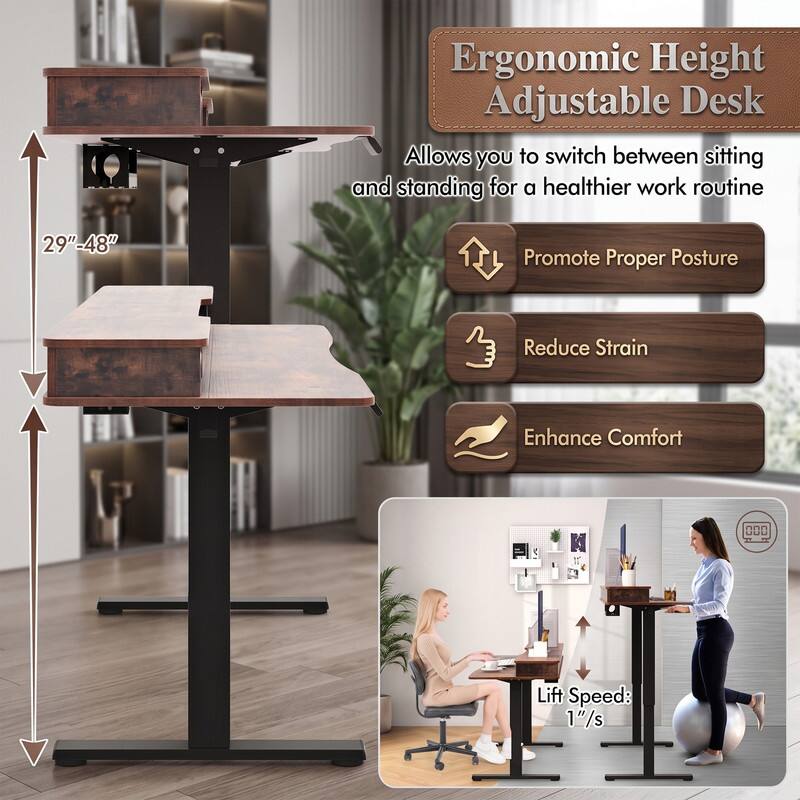 Ergonomic Height Adjustable Desk

Allows you to switch between sitting and standing for a healthier work routine

29"-48"

Promote Proper Posture

Reduce Strain

Enhance Comfort

Lift Speed: 1"/s