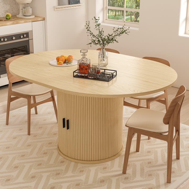 Dyonery - Extendable Round Dining Table, 43-59 Inch Dining Room Kitchen Table with 2-Tier Storage Shelf With base，wood tabletop - Oak