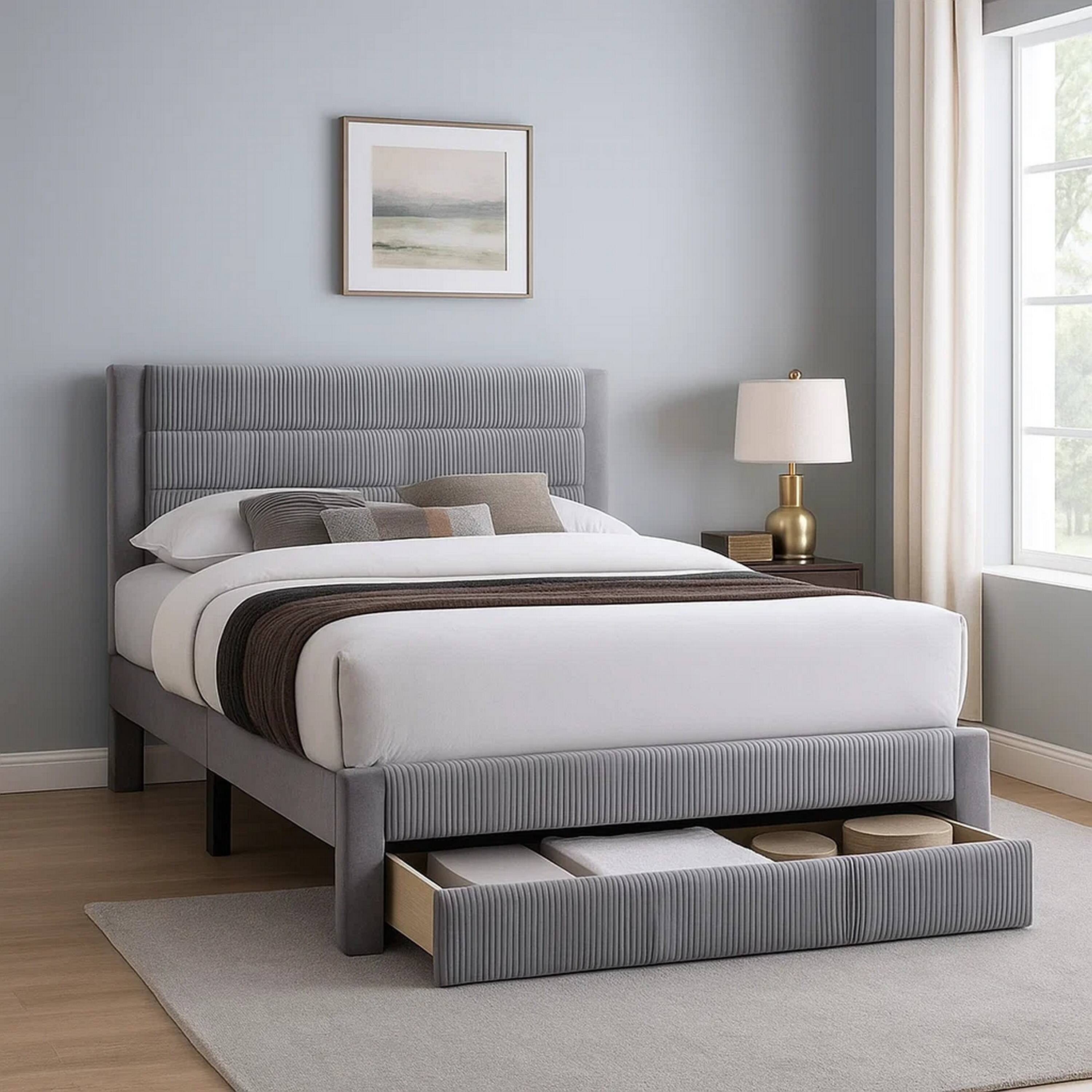 Alt View 5. Manhattan Lane - Daisy Full Bed w Drawer, Light Gray Corduroy Upholstery, Foam Headboard - Light Gray.