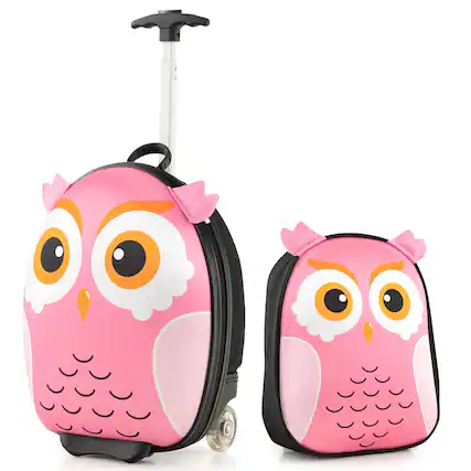 Front. Costway - 2PCS Kids Carry On Luggage Set 16'' Owl Rolling Suitcase with 12'' Backpack Travel Pink - Pink/Black.