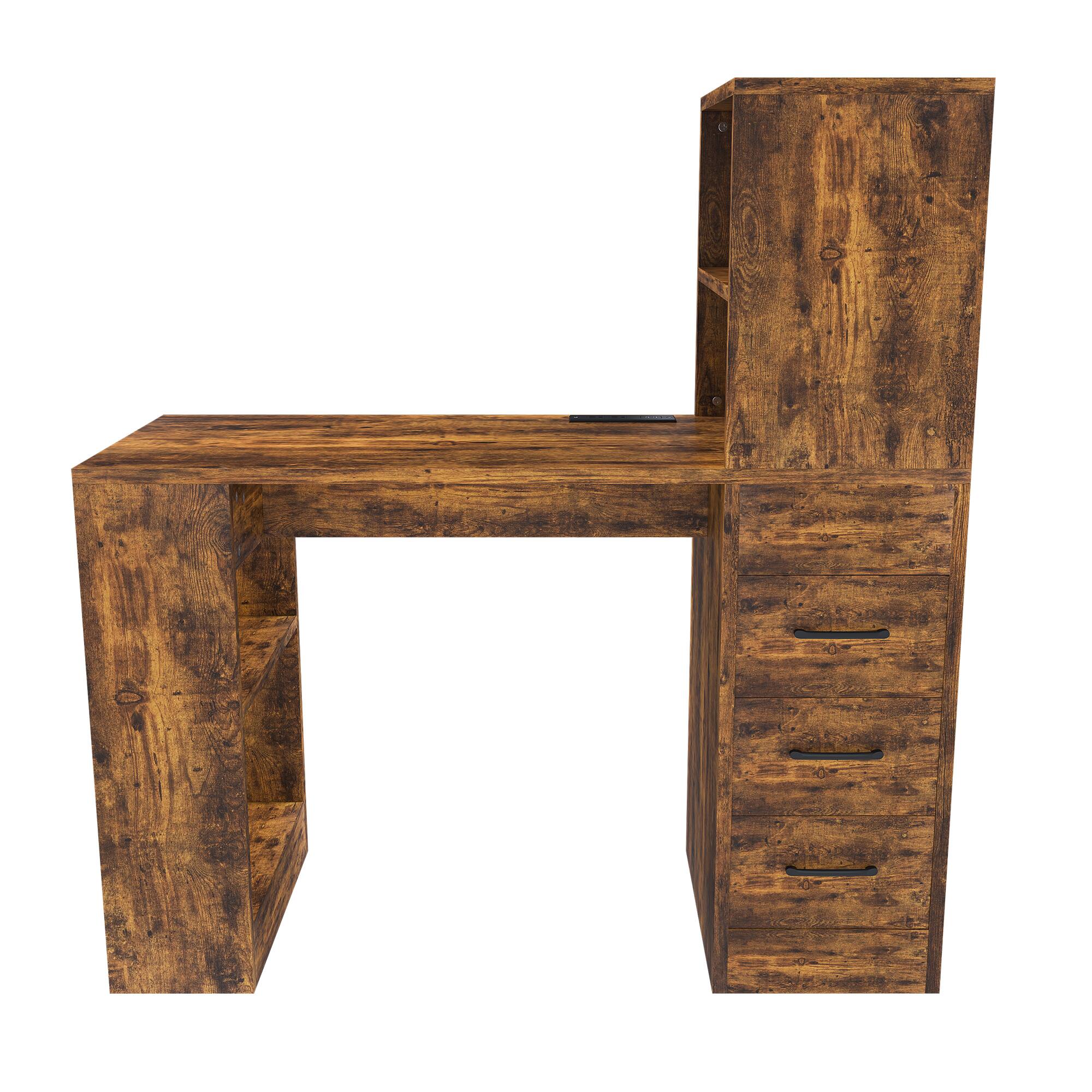 Alt View 8. Tiramisubest - Computer Desk with 4-in-1 Socket & 3 Drawers,4 Storage Shelves,Carbonized Wood Finish Laminate for a Variety of Places - Brown.