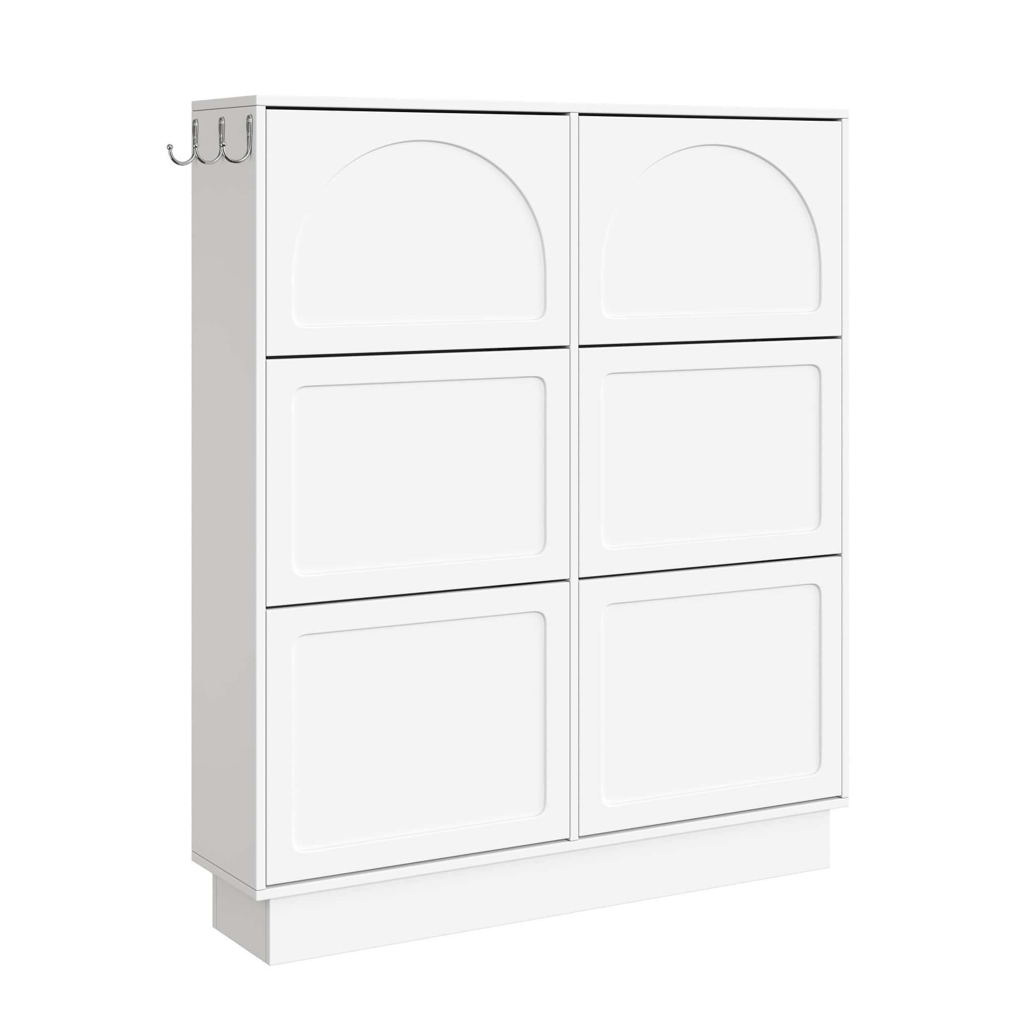 Spaco - 6 Flip-Drawers Shoe Cabinet, Modern Narrow, Adjustable Shelf & 3 Hooks, Freestanding Space-Saving for Entryway - White
