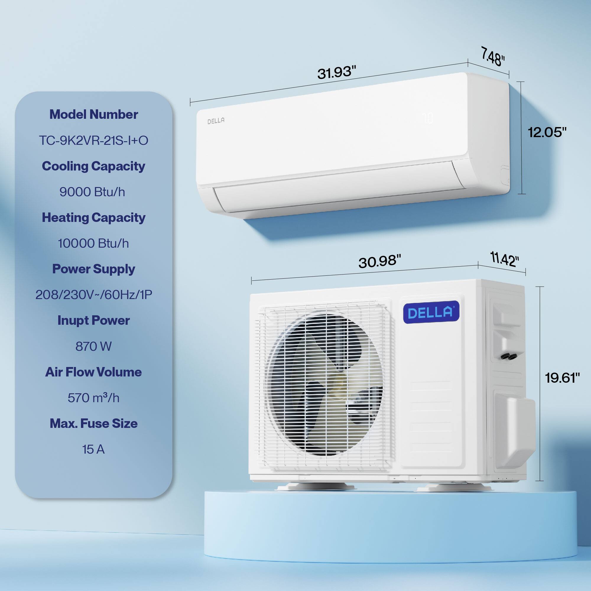 31.93" 7.48" Model Number TC-9K2VR-21S-I+O DELLA 10 12.05" Cooling Capacity 9000 Btu/h Heating Capacity 10000 Btu/h Power Supply 30.98" 11.42" 208/230V-/60Hz/1P Input Power DELLA 870 W Air Flow Volume 570 m3/h 19.61" Max. Fuse Size 15 A
