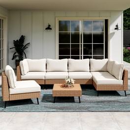 Yardgrace - 7 Piece Outdoor Patio PE Rattan Wicker Sectional Conversation Set Cushions 2 Corner 4 Armless Chairs Coffee Table Grey - Beige