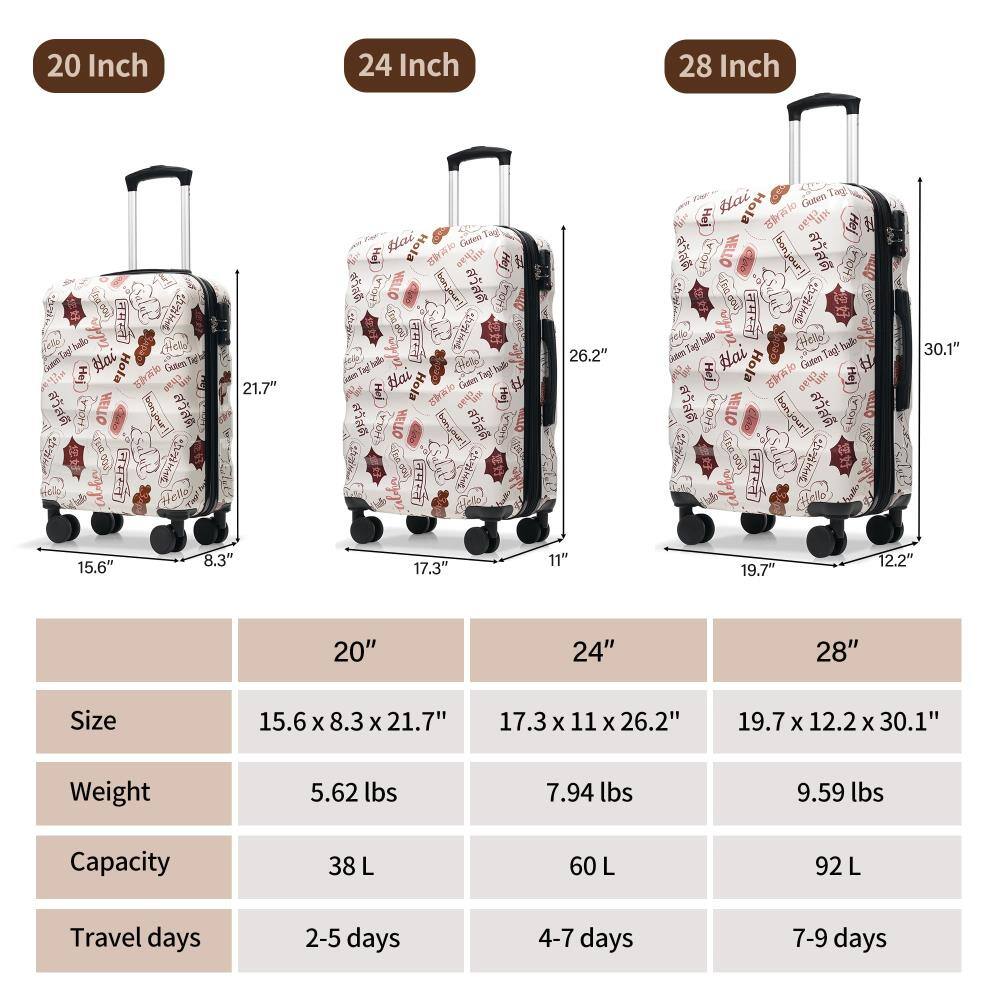 20 Inch  
24 Inch  
28 Inch  

20"  
Size: 15.6" x 8.3" x 21.7"  
Weight: 5.62 lbs  
Capacity: 38 L  
Travel days: 2-5 days  

24"  
Size: 17.3" x 11" x 26.2"  
Weight: 7.94 lbs  
Capacity: 60 L  
Travel days: 4-7 days  

28"  
Size: 19.7" x 12.2" x 30.1"  
Weight: 9.59 lbs  
Capacity: 92 L  
Travel days: 7-9 days