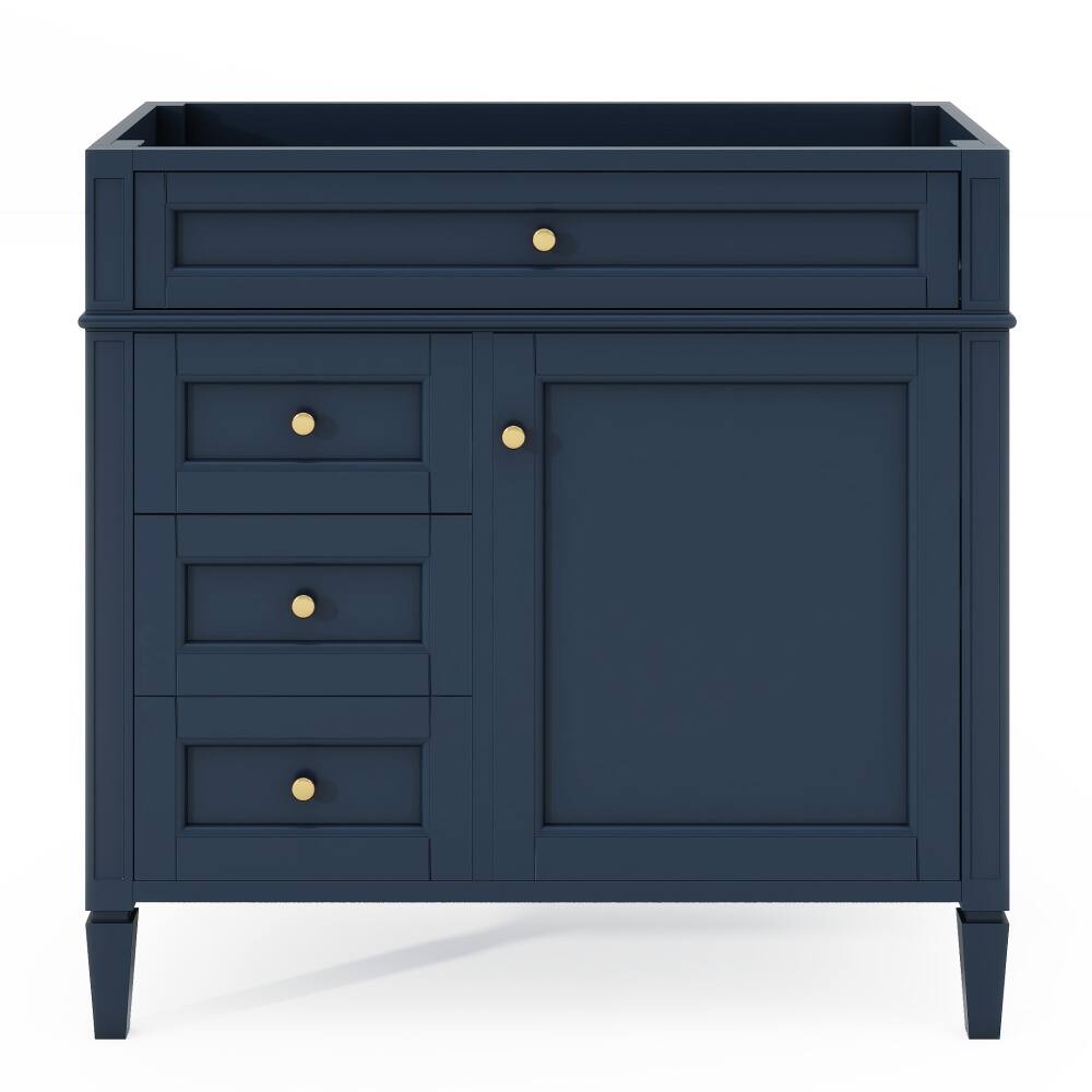 Angle. Loheer - Loheer 36 inch bathroom vanity without top, Blue Solid Wood Frame, 2 Drawers & Tip-out Drawer - Blue.