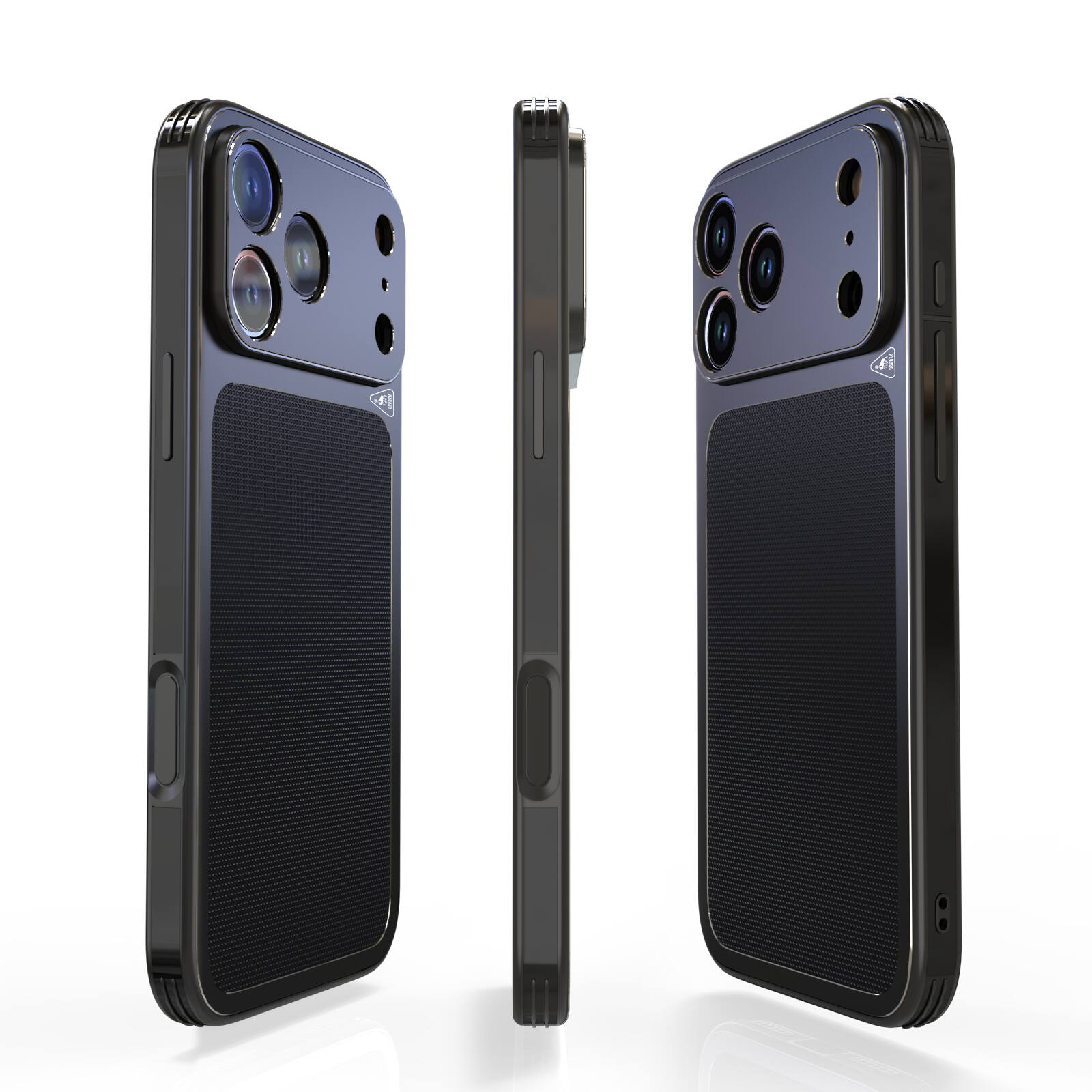 Angle. Dteck - Ultra-Thin PU Leather Texture Case for Apple iPhone 17 Pro Max, Metal Rugged Protective Cover, Precision Camera Cutouts - Black.