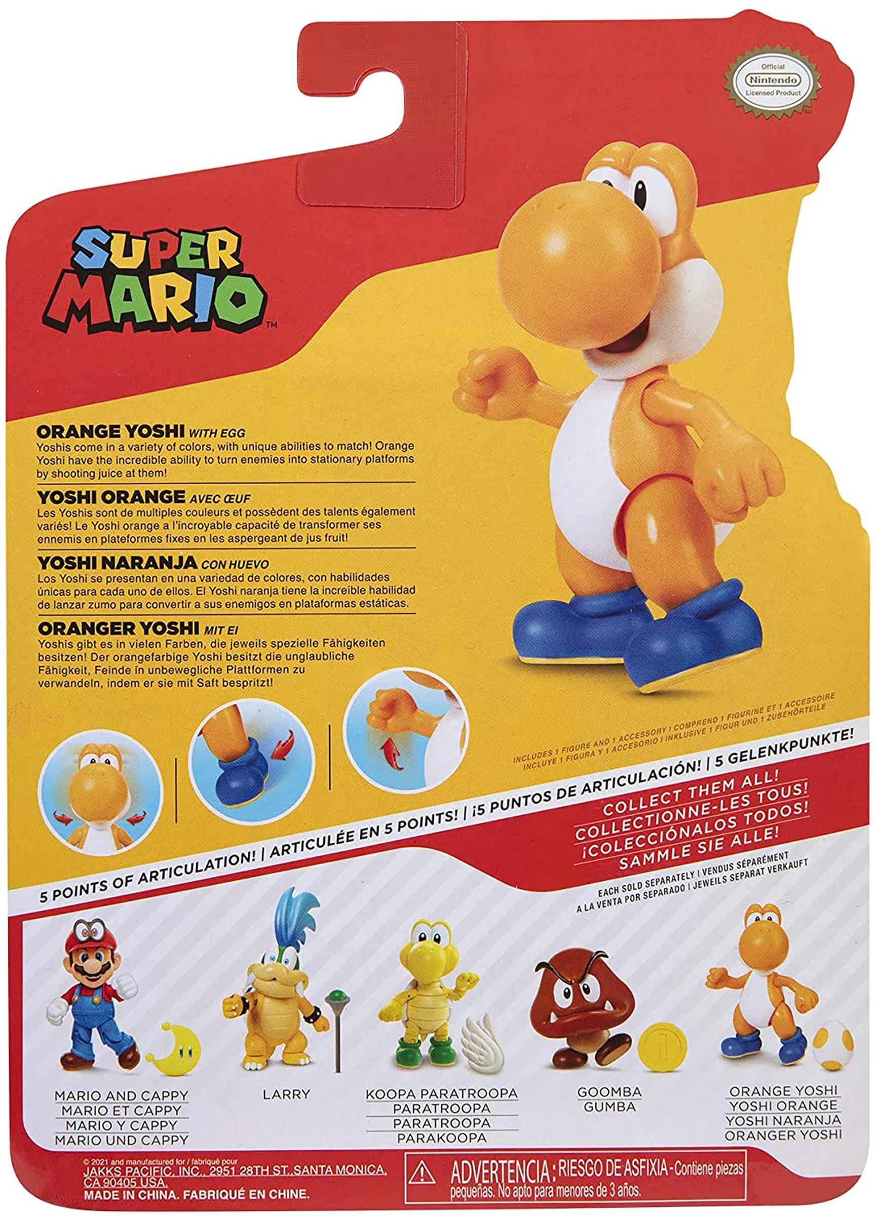 **Super Mario**

**Orange Yoshi with Egg**

Yoshis come in a variety of colors, with unique abilities to match! Orange Yoshi has the incredible ability to turn enemies into stationary platforms by shooting juice at them!

**Yoshi Orange avec œuf**

Les Yoshis sont de multiples couleurs et possèdent des talents également variés! Le Yoshi orange a l'incroyable capacité de transformer ses ennemis en plateformes fixes en les aspergeant de jus fruit!

**Yoshi Naranja con huevo**

Los Yoshis presentan una variedad de colores, con habilidades únicas para cada uno de ellos. El Yoshi naranja tiene la increíble habilidad de lanzar zumo para convertir a sus enemigos en plataformas estáticas.

**Oranger Yoshi mit Ei**

Yoshis gibt es in vielen Farben, die jeweils spezielle Fähigkeiten besitzen! Der orangefarbige Yoshi besitzt die unglaubliche Fähigkeit, Feinde in unbewegliche Plattformen zu verwandeln, indem er Saft bespritzt!

**Includes 1 Figure and 1 Accessory! / Comprend