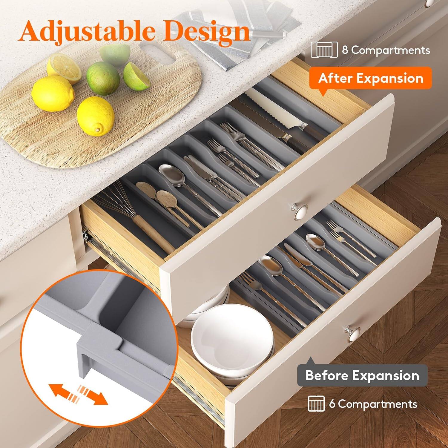 Adjustable Design

After Expansion
8 Compartments

Before Expansion
6 Compartments