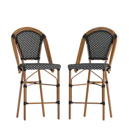 Front. Emma + Oliver - Soie Set of Two 26" High Stacking Bistro Counter Stools with PE Seat and Back and Metal Frames for Indoor/Outdoor Use - Black & White/Natural Frame.