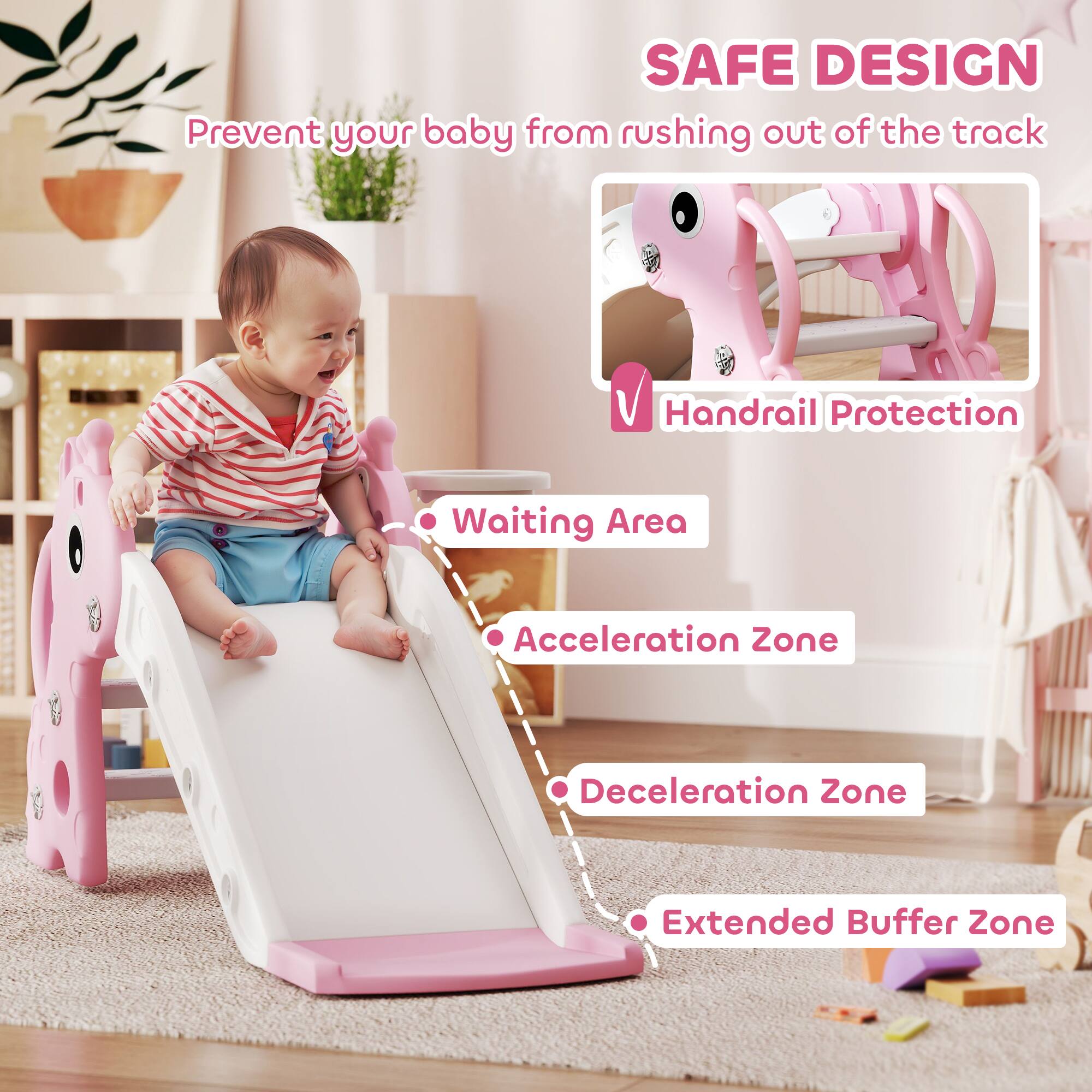 SAFE DESIGN  
Prevent your baby from rushing out of the track  

- Handrail Protection  
- Waiting Area  
- Acceleration Zone  
- Deceleration Zone  
- Extended Buffer Zone