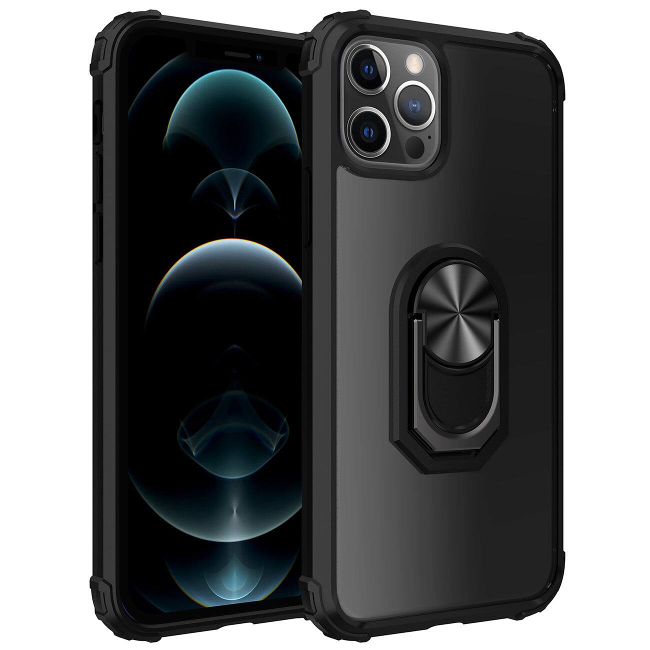 Front. Reiko - Kickstand Ring Holder Tpu Shockproof Case With Magnetic Car Mountapple Iphone 12/Iphone 12 Pro In Black - Black.
