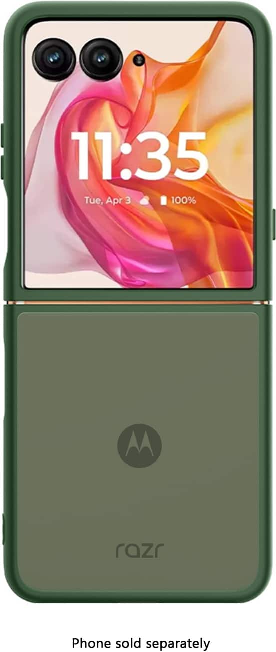 The image shows a green cell phone with a display that reads 11:35 Tue, Apr 3 100%. The phone is a Motorola Razr phone, and it is sold separately.