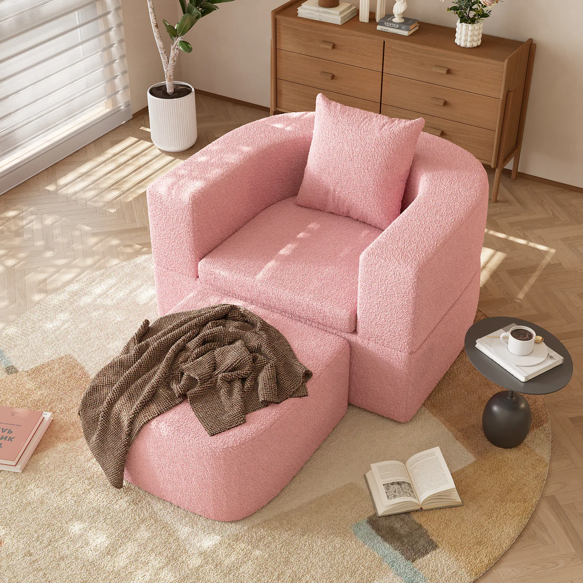 Angle. Yardgrace - Boneless Sofa Chair Lounge Chair for Living Room, Modern Convertible Upholstered Sofa, Comfy Sherpa Leisure Couch - Pink.