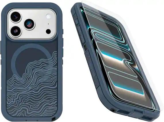 Front. OtterBox - OtterBox iPhone 17 Pro, Bundle: Defender Series XT Case & Screen Protector - Snaps on MagSafe - Rugged & Durable - Offgrid (Blue).