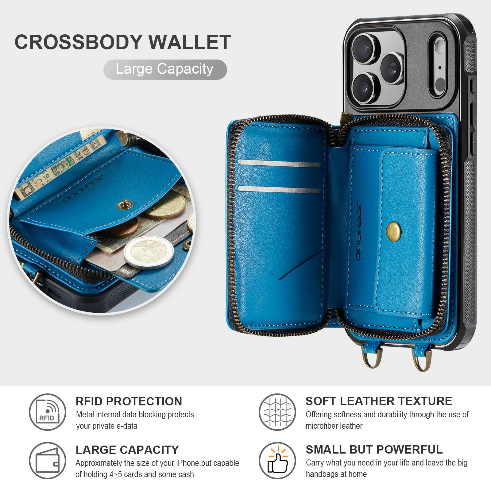CROSSBODY WALLET

Large Capacity

RFID PROTECTION
Metal internal data blocking protects your private e-data

LARGE CAPACITY
Approximately the size of your iPhone, but capable of holding 4-5 cards and some cash

SOFT LEATHER TEXTURE
Offering softness and durability through the use of microfiber leather

SMALL BUT POWERFUL
Carry what you need in your life and leave the big handbags at home