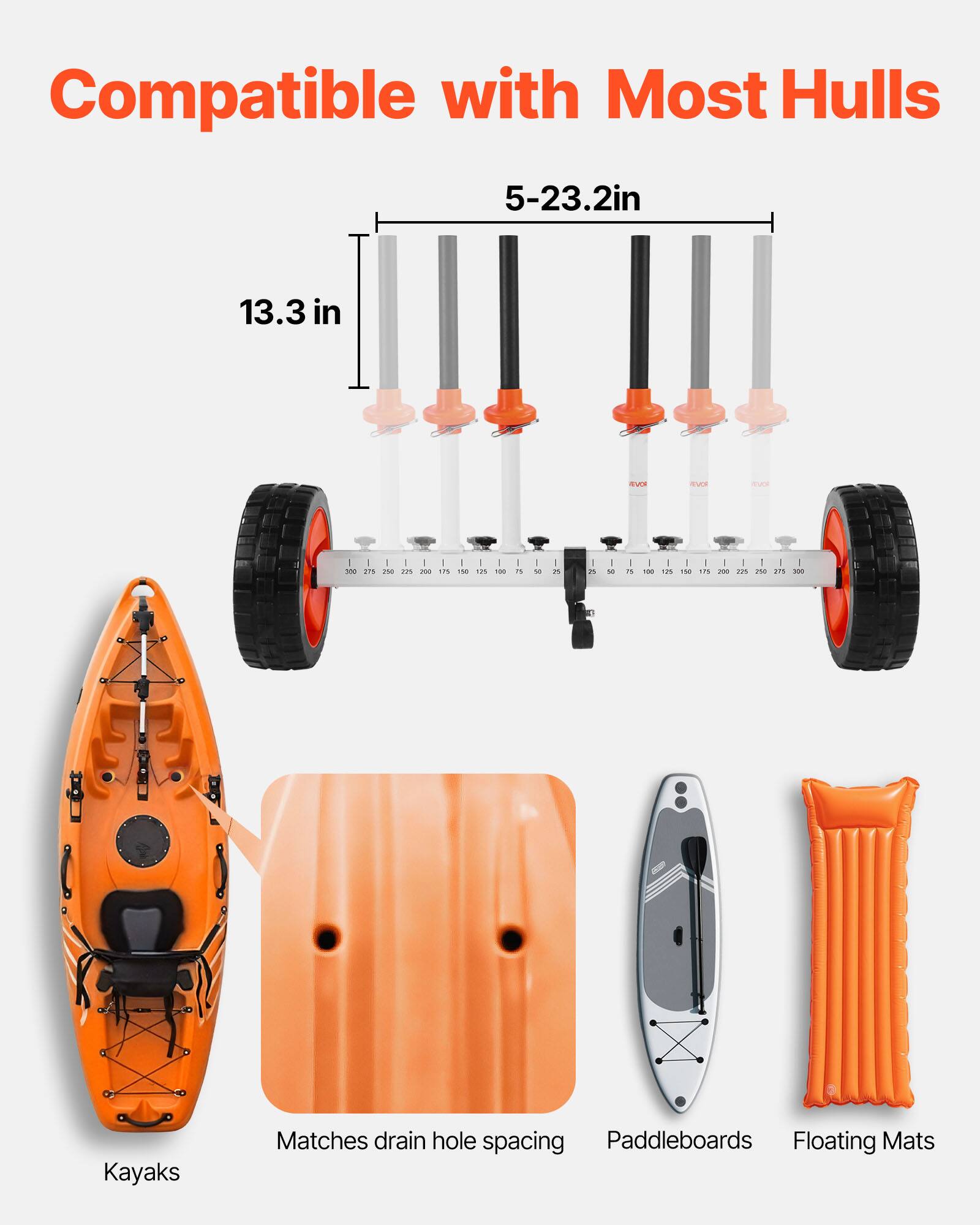 Compatible with Most Hulls 5-23.2in 13.3 in NS TM

Matches drain hole spacing

Kayaks

Paddleboards

Floating Mats