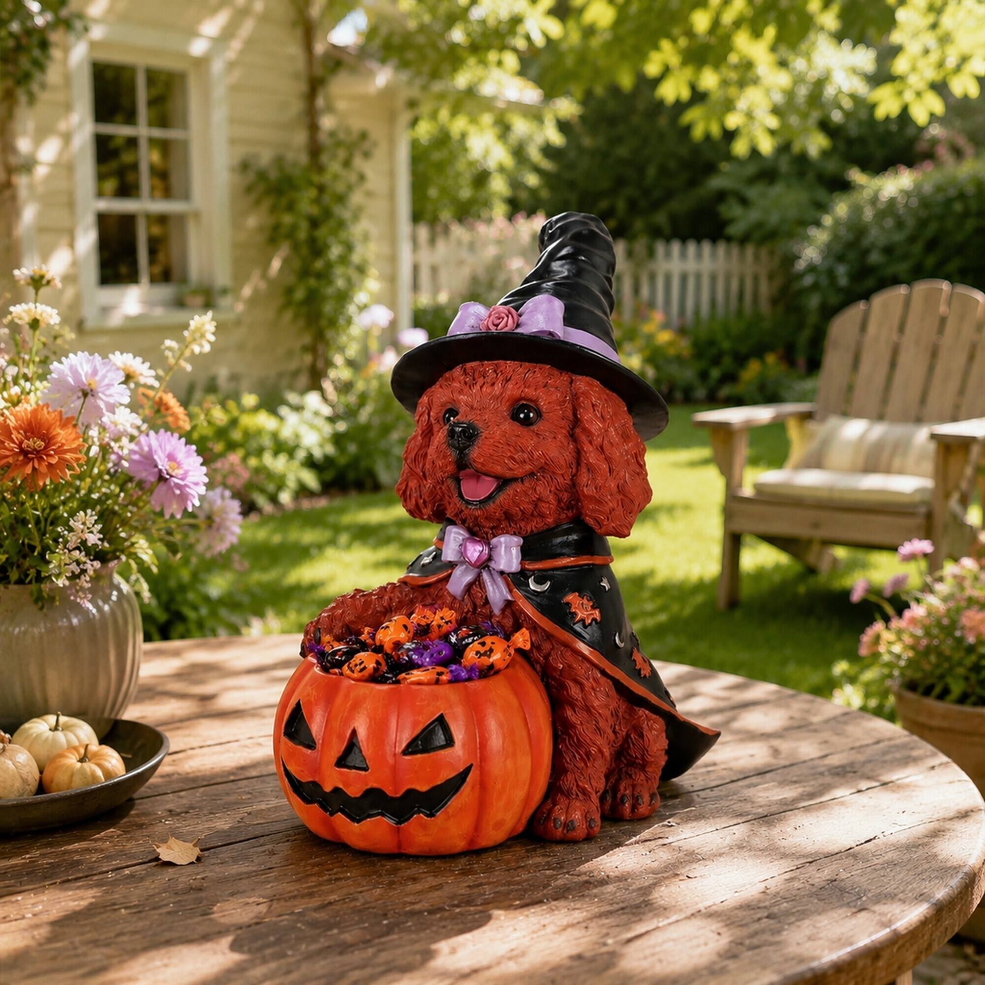 Alt View 1. RYHNUYNE - Cute Brown Teddy Dog Witch Figurine Holding Pumpkin Candy Bowl for Halloween Tabletop Decor - Black.