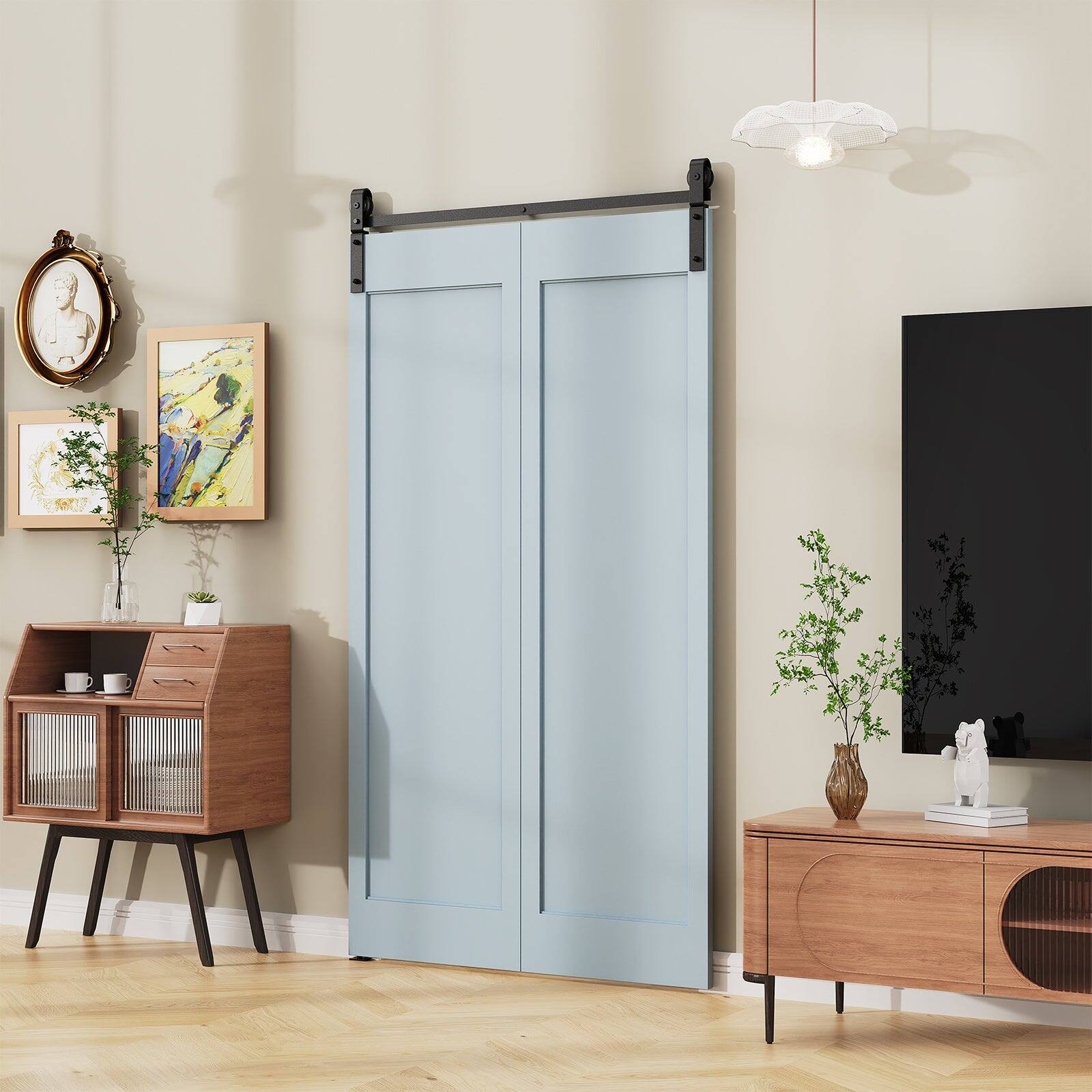 Alt View 1. Boyel Living - 2.5 ft./30 in. Black Single Bi-Fold Sliding Barn Door Track and Hardware Kit with J-Shape Hanger for Double Doors - Black.