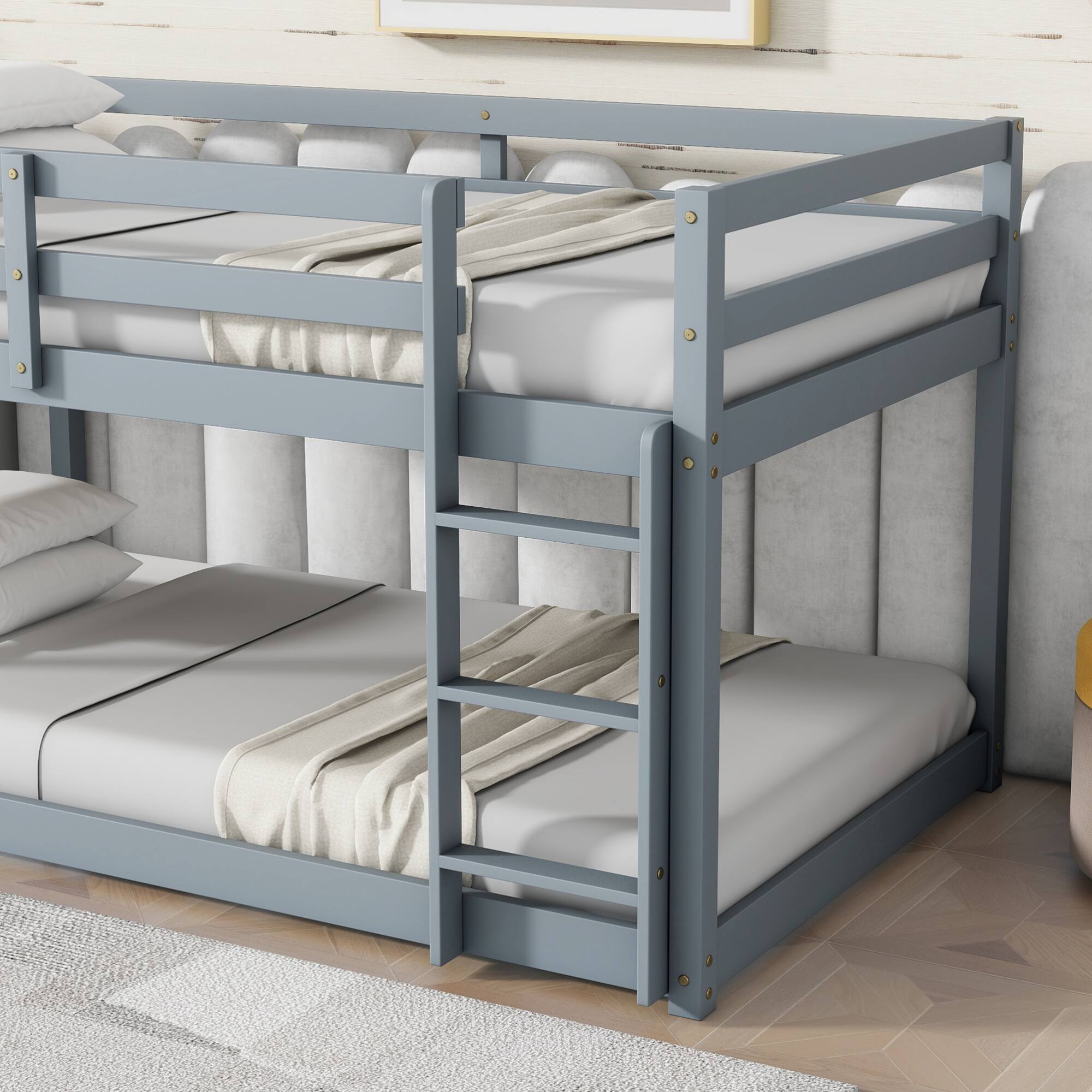 Alt View 9. GOODSILO - Solid Wood Twin Over Twin Floor Bunk Bed with Ladder and Strengthened Slats for Enhanced Stability - Grey.