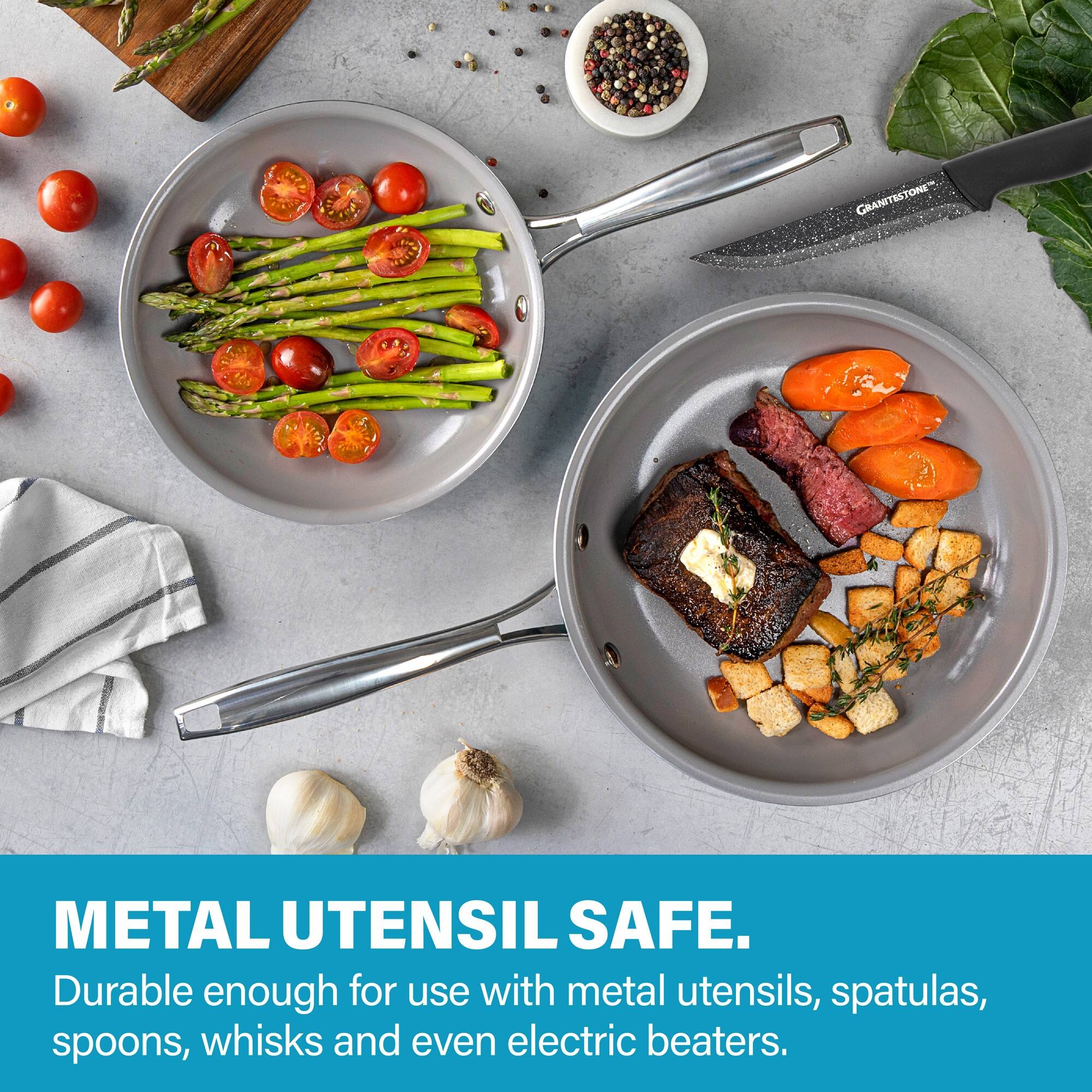 GRANITSTONE METAL UTENSIL SAFE. Durable enough for use with metal utensils, spatulas, spoons, whisks and even electric beaters.