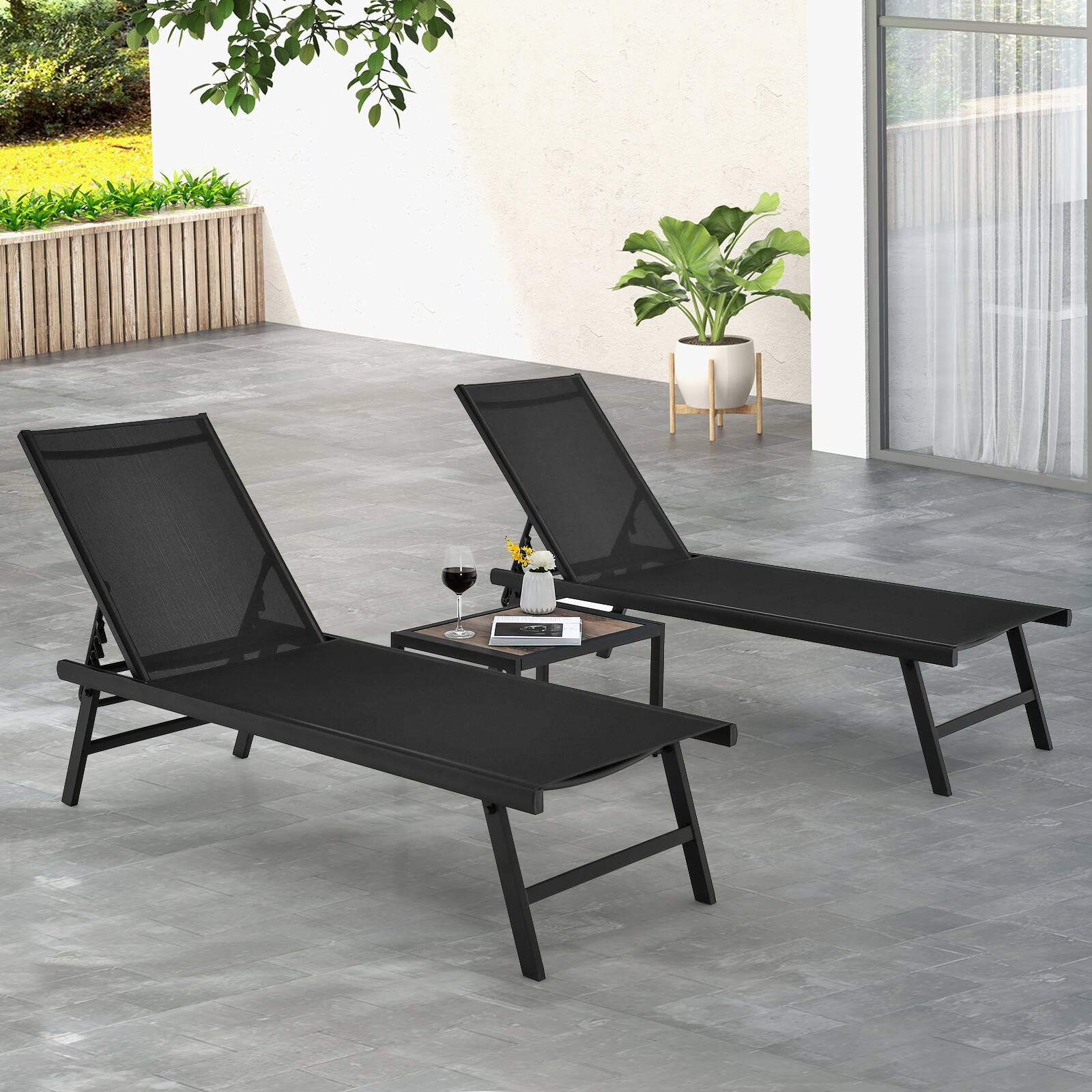 Alt View 3. Gymax - Gymax 3pcs Patio Chaise Lounge Set Aluminum Recliner Chair Table Outdoor - Black.