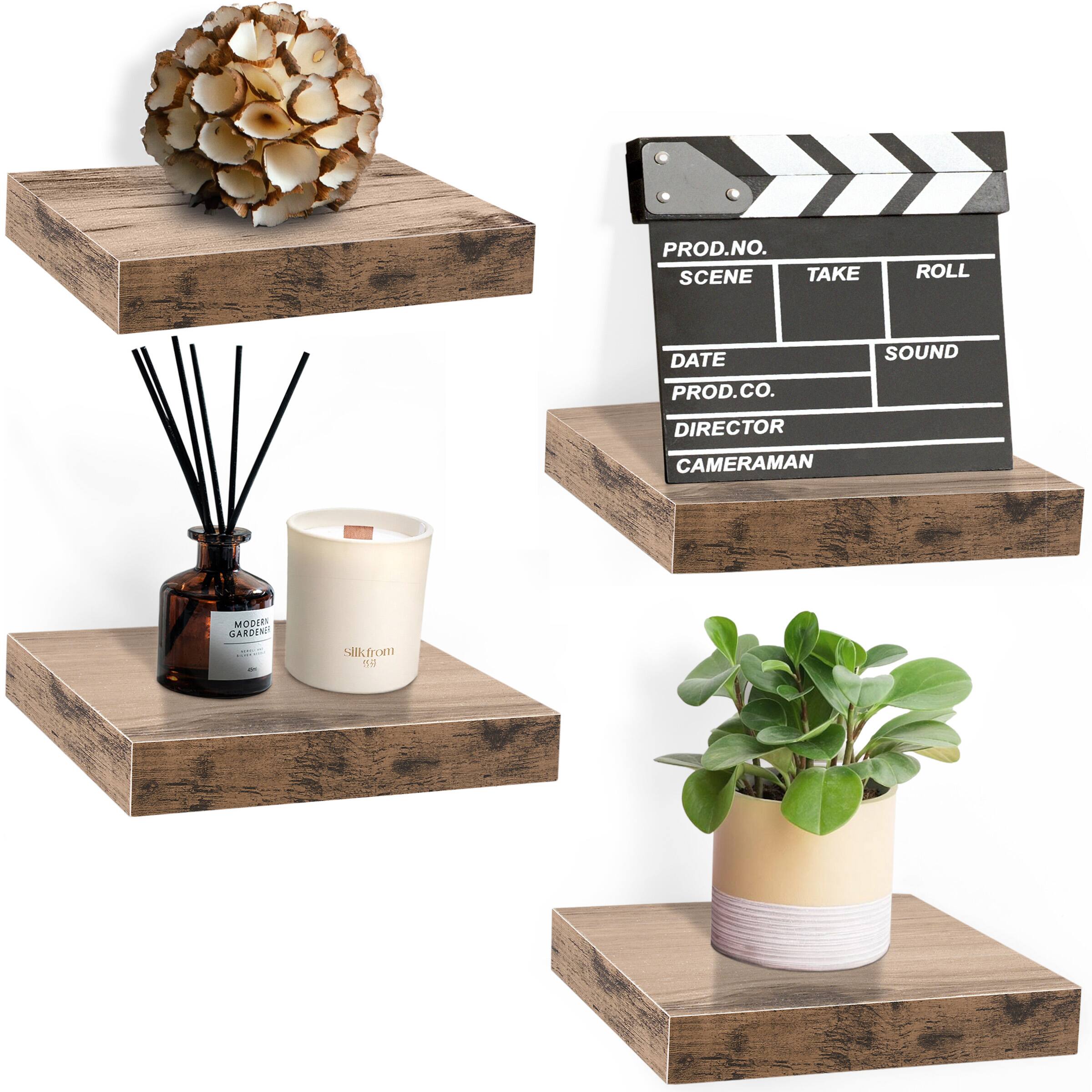 Sorbus - 9 Inch 4 Pack Wall Mounted Floating Square Shelves - for Bedroom, Kitchen, Living Room, Bathroom - Mahogany